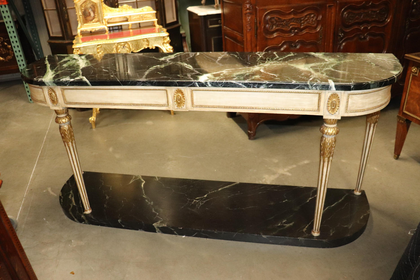 Signed Maison Jansen Verdi Green Marble Creme Painted Gilded Console Sideboard