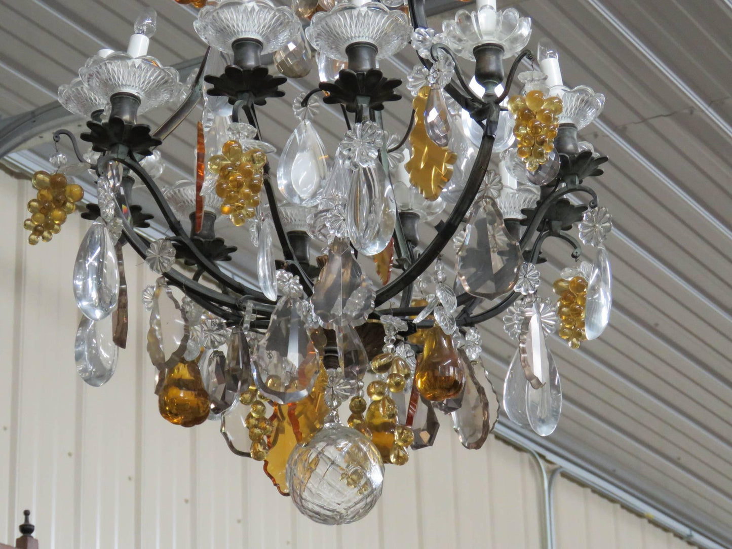 Louis XV Style Bronze Bird Cage Chandelier with Crystal Pears Apples Grapes