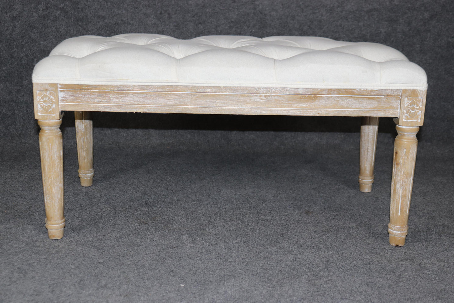 Restoration Hardware Style Bleached Tufted Upholstered Louis XVI Style Bench