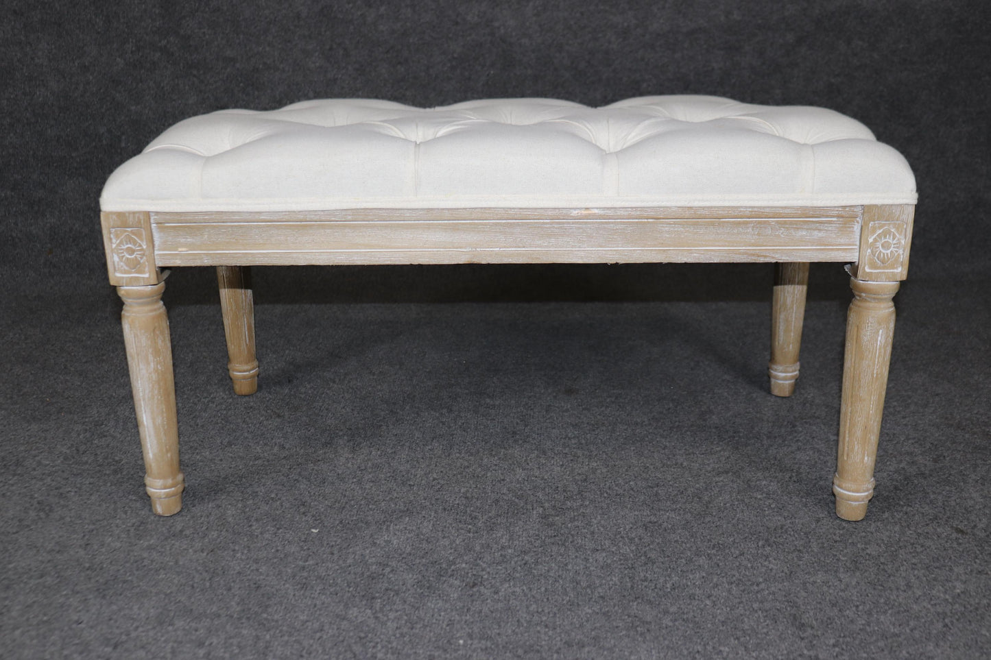 Restoration Hardware Style Bleached Tufted Upholstered Louis XVI Style Bench