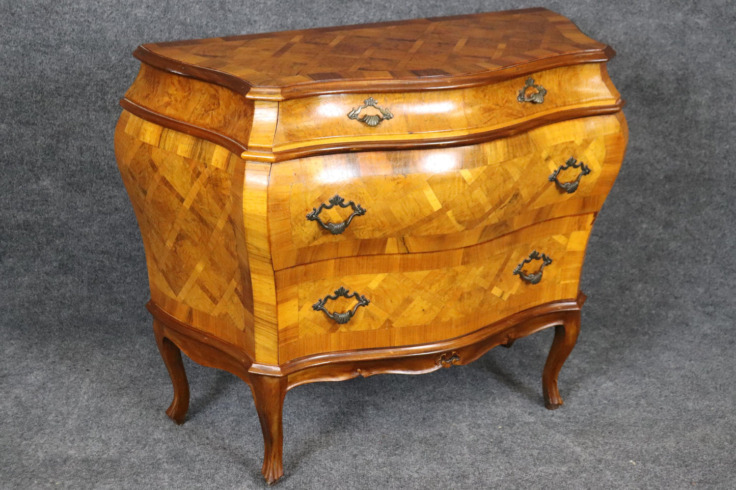 Italian Louis XV Style Inlaid Marquetry Olive Wood Commode Chest of Drawers