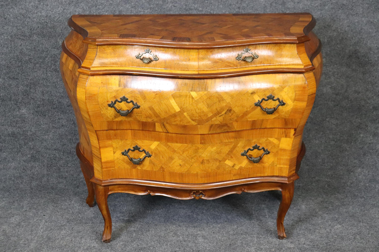 Italian Louis XV Style Inlaid Marquetry Olive Wood Commode Chest of Drawers