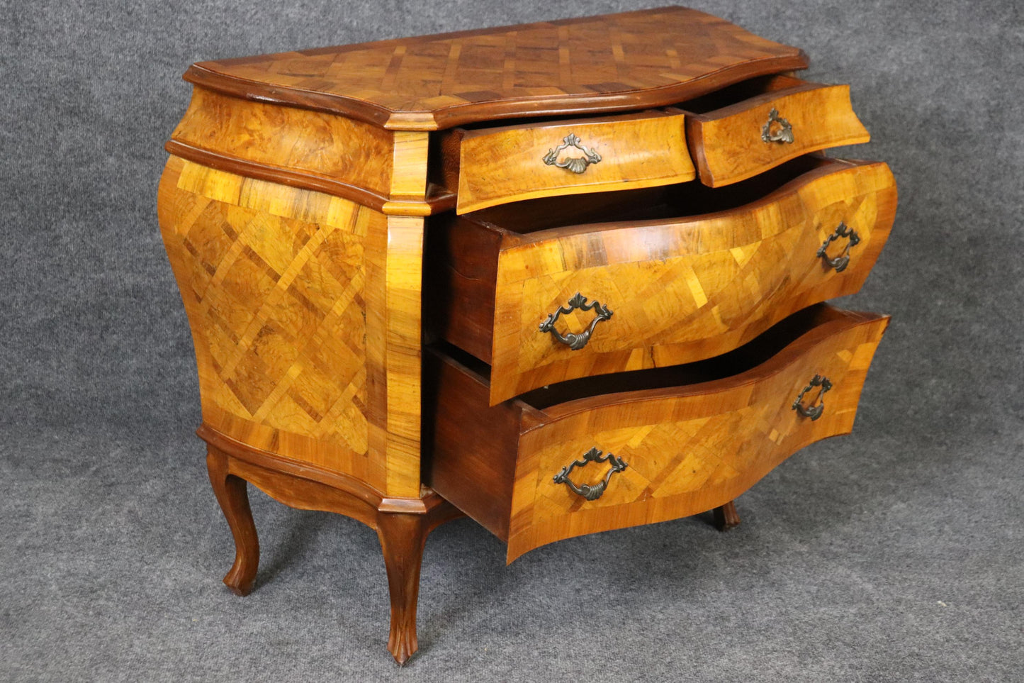 Italian Louis XV Style Inlaid Marquetry Olive Wood Commode Chest of Drawers