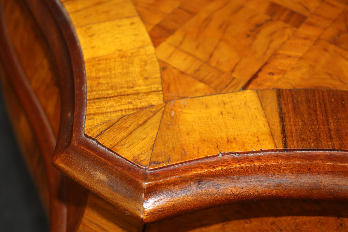 Italian Louis XV Style Inlaid Marquetry Olive Wood Commode Chest of Drawers