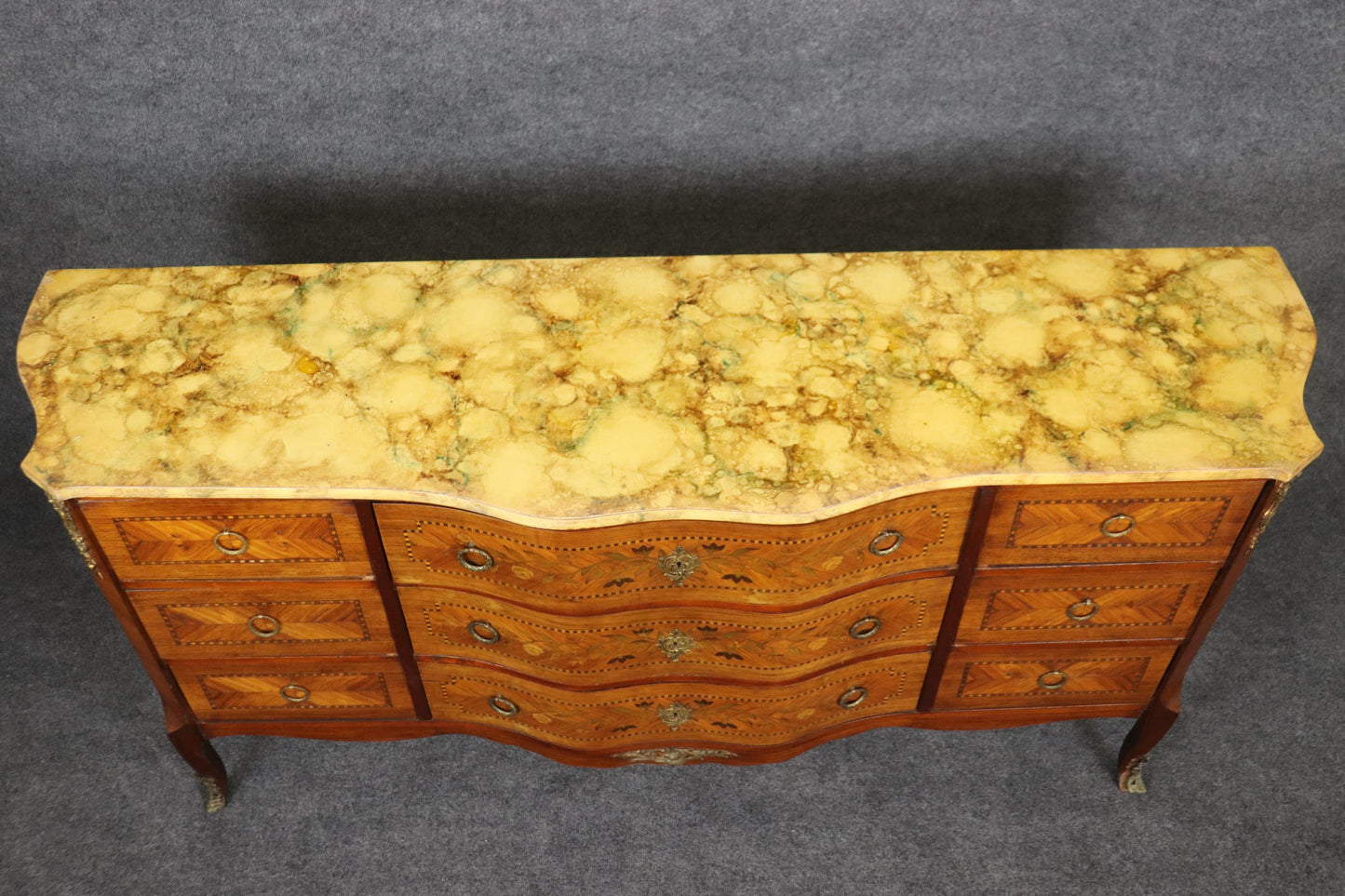 Special Faux Paint Decorated Marble Top Inlaid French Louis XV Wide Dresser 1930