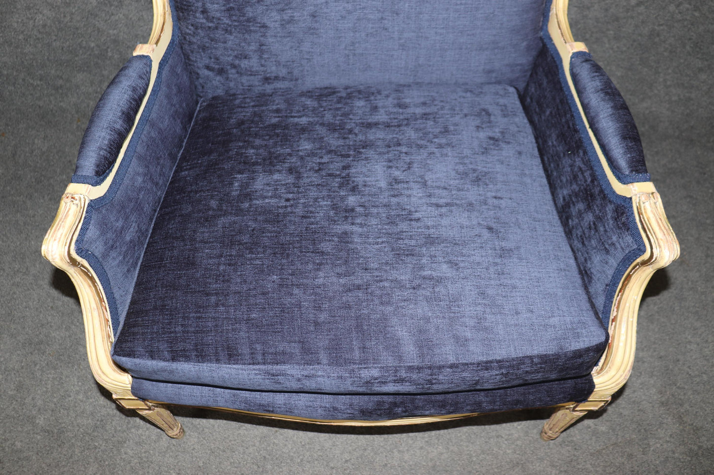 Maison Jansen Style Louis XVI Creme Painted Royal Blue Bergere Marquis Chair