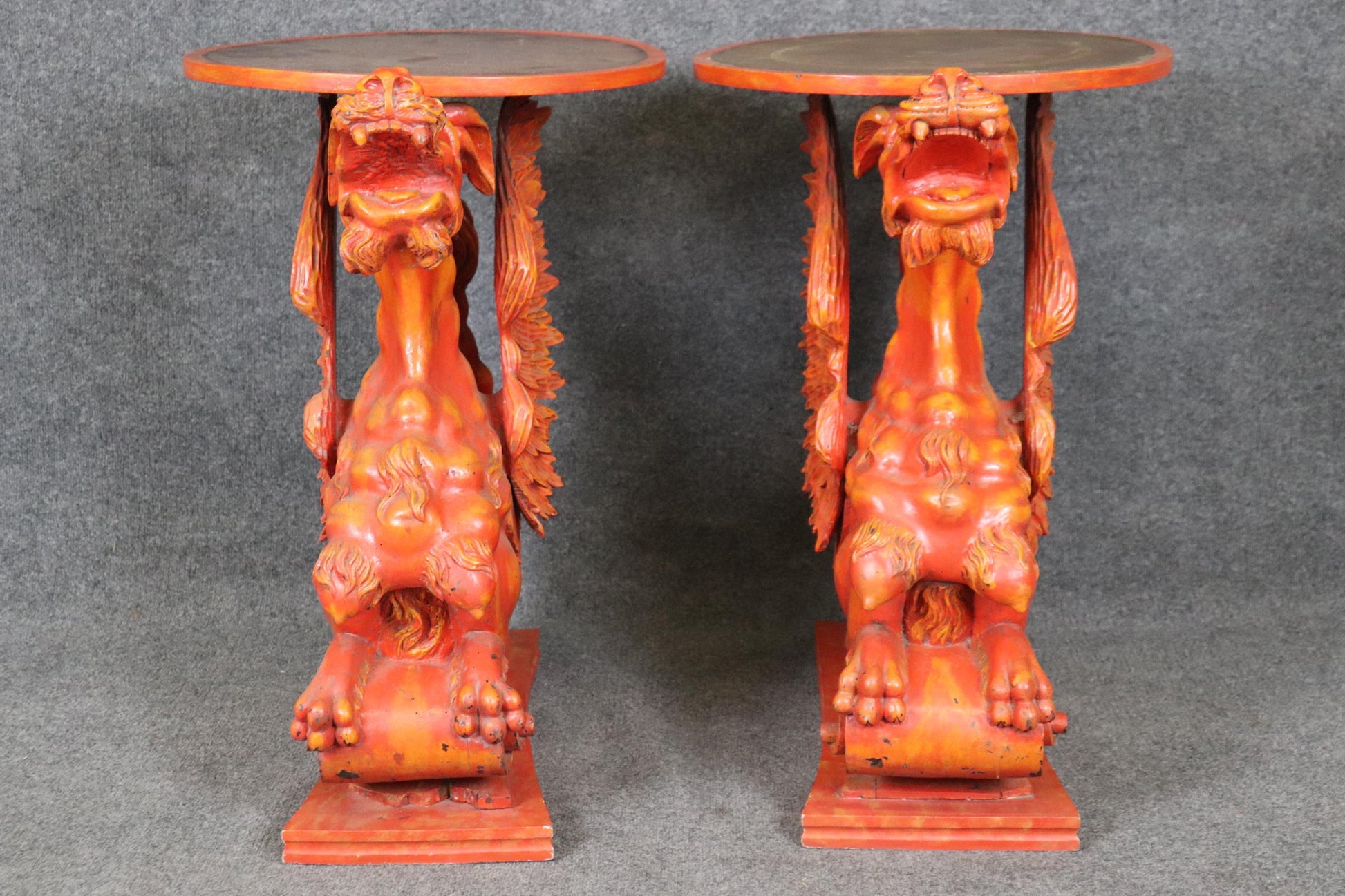 Extremely Rare Pair Full Body carved Griffin Leather Top End Tables Circa 1890s