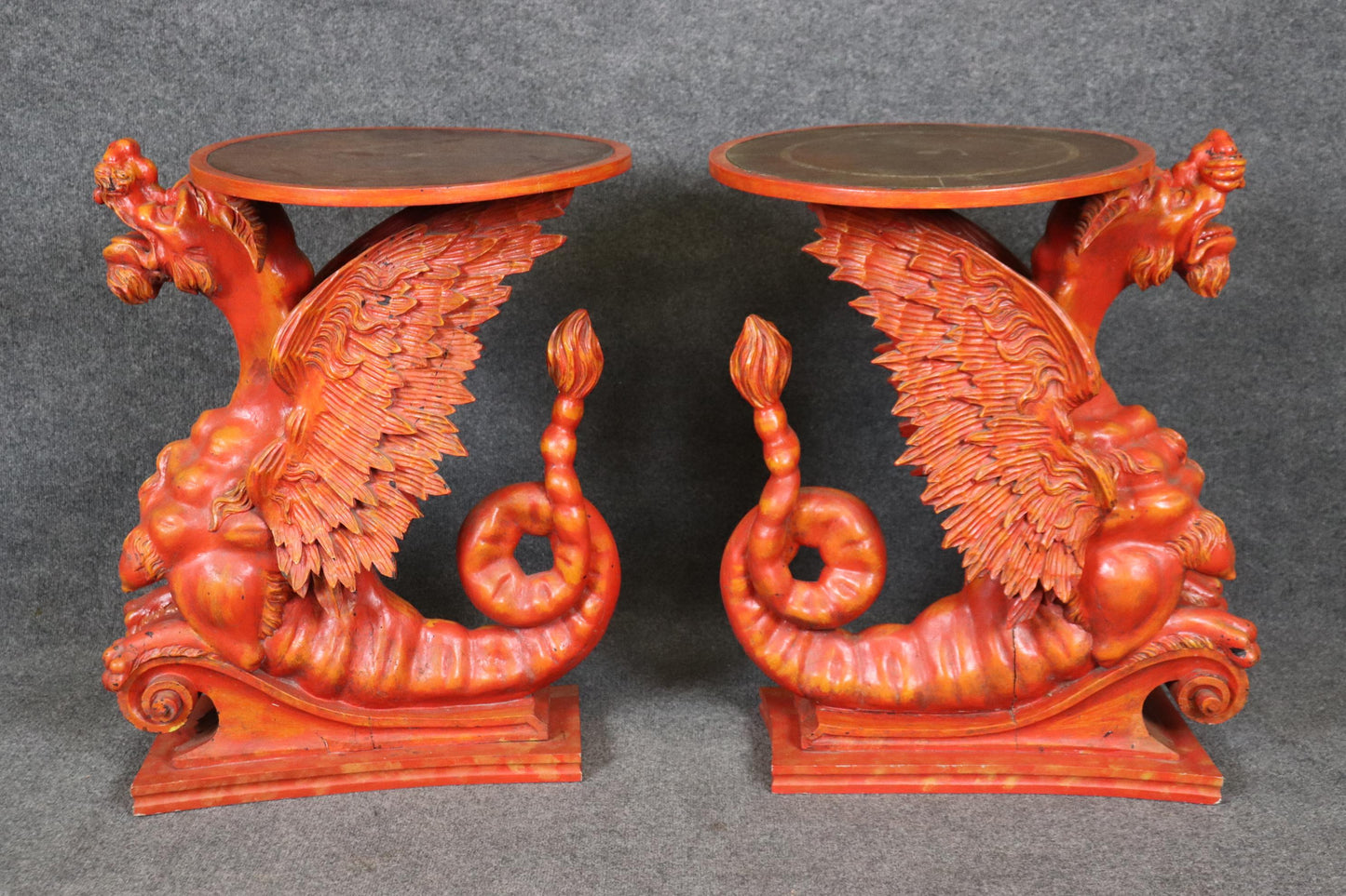 Extremely Rare Pair Full Body carved Griffin Leather Top End Tables Circa 1890s