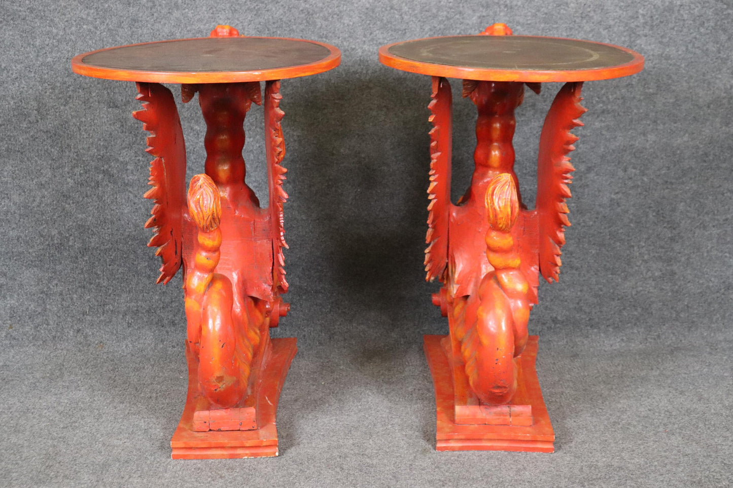 Extremely Rare Pair Full Body carved Griffin Leather Top End Tables Circa 1890s