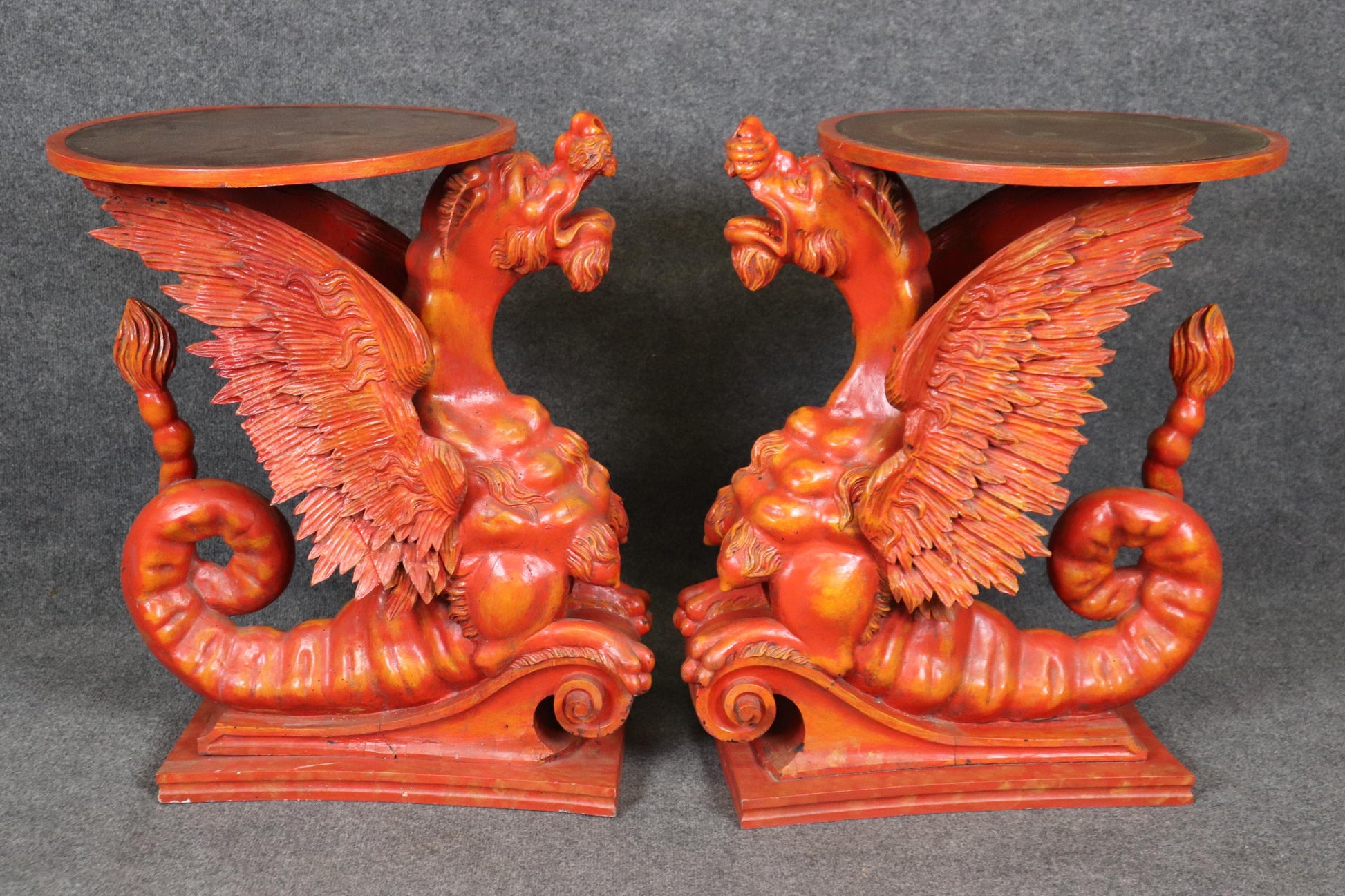 Extremely Rare Pair Full Body carved Griffin Leather Top End Tables Circa 1890s