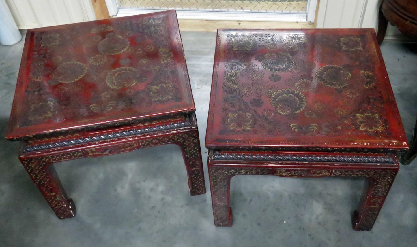 Pair of John Widdicomb Coromandel Lacquer Carved Chinoiserie End Side Tables