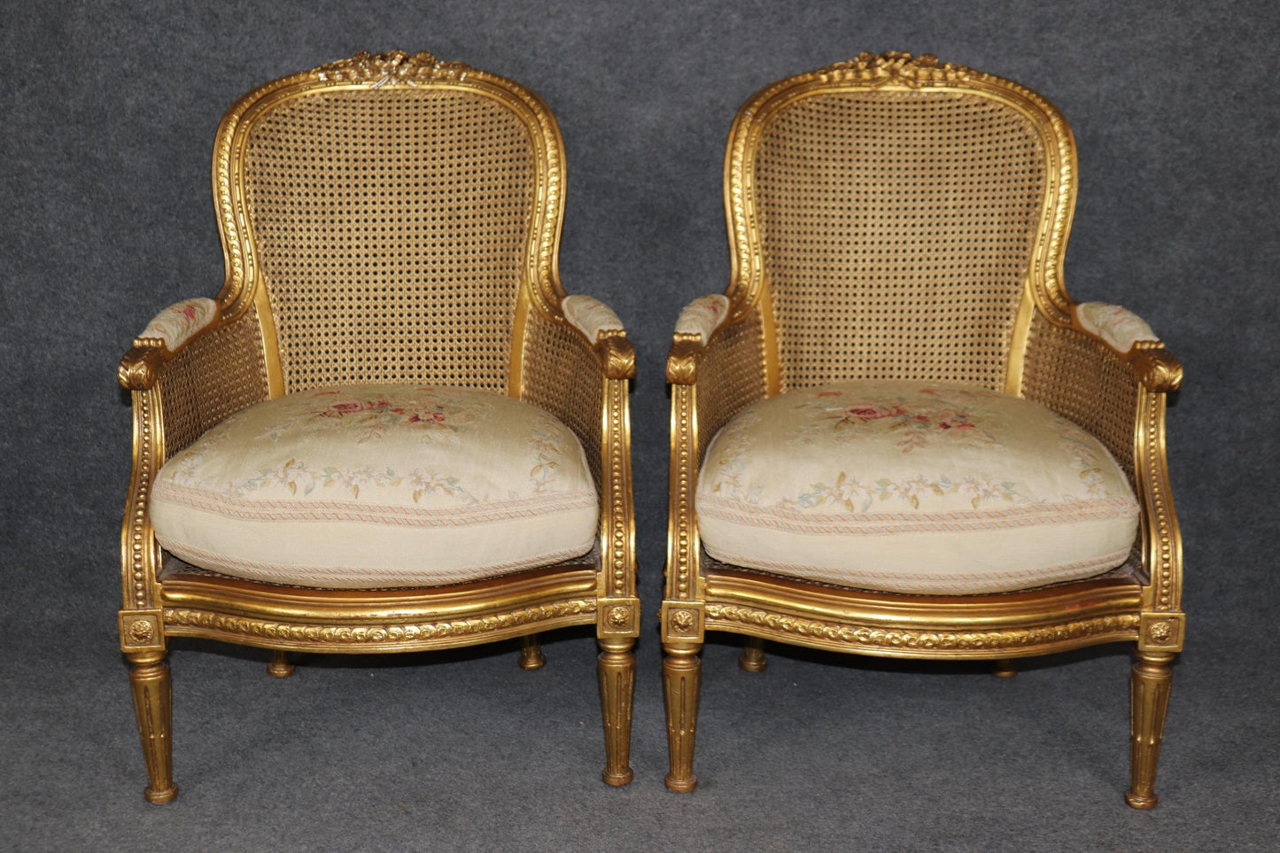 Outstanding Pair Luminous French Giltwood Cane Louis XVI Bergere Chairs