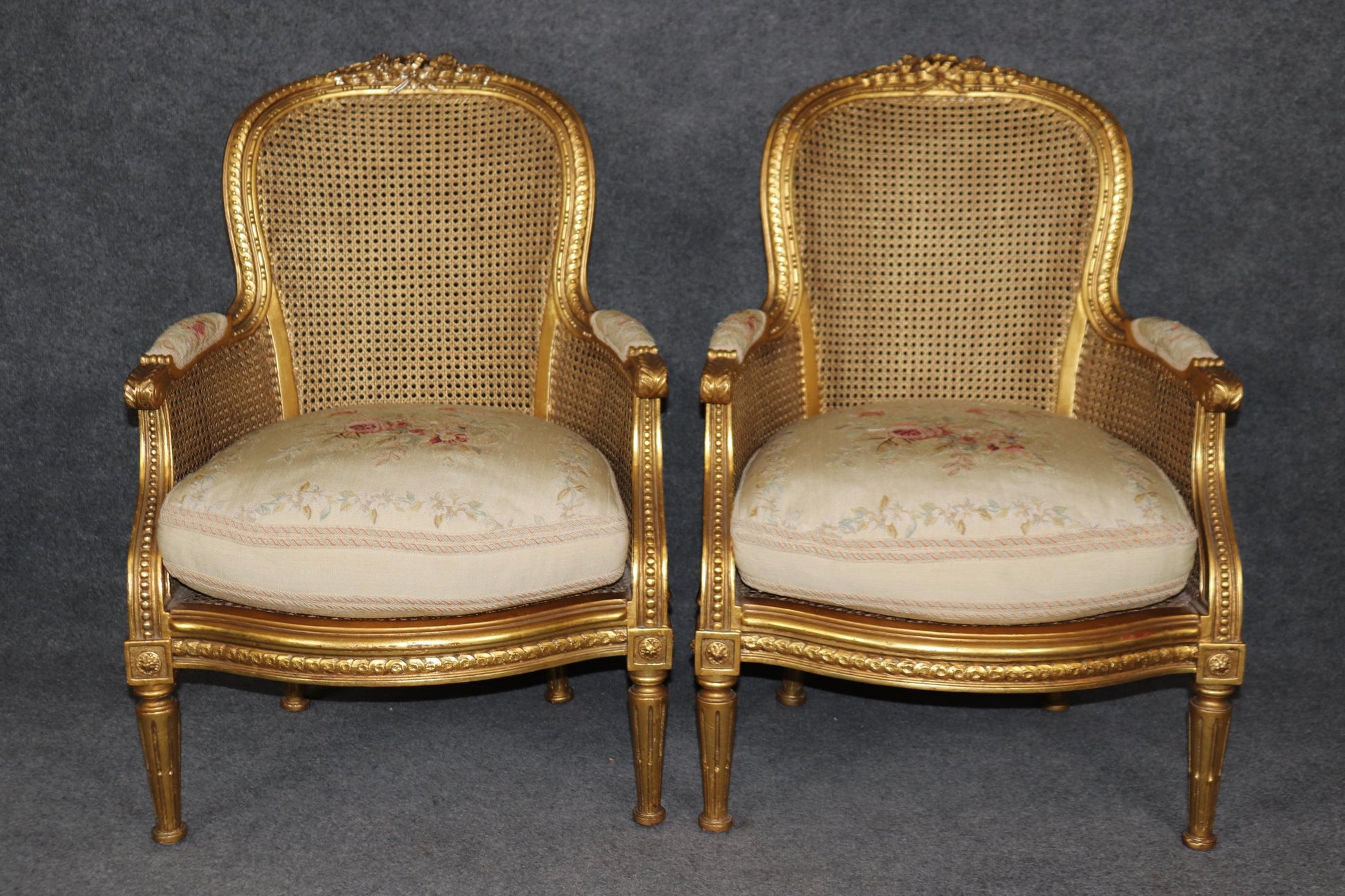 Outstanding Pair Luminous French Giltwood Cane Louis XVI Bergere Chairs