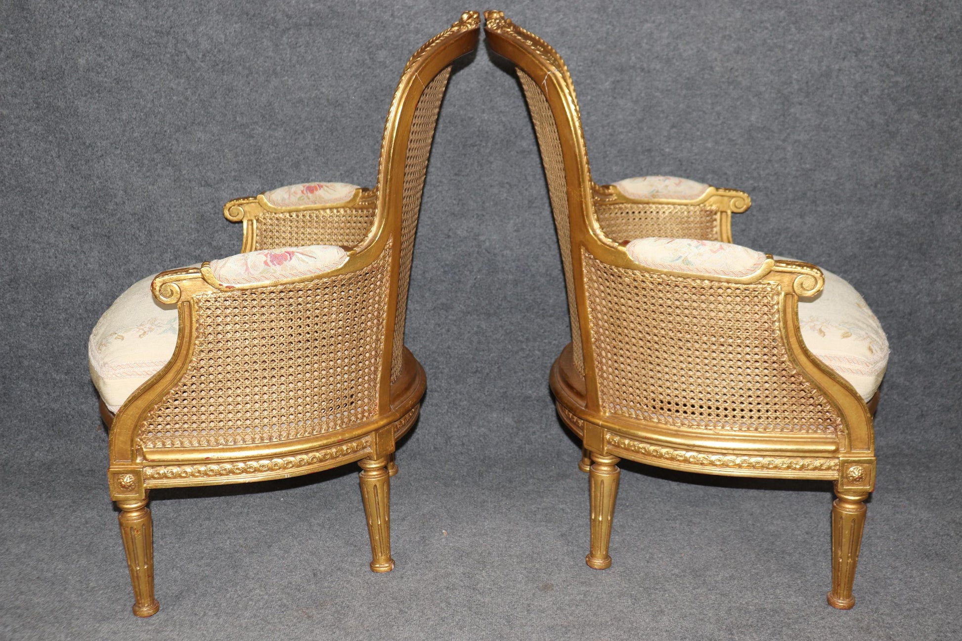 Outstanding Pair Luminous French Giltwood Cane Louis XVI Bergere Chairs