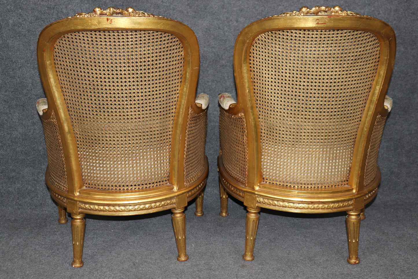 Outstanding Pair Luminous French Giltwood Cane Louis XVI Bergere Chairs