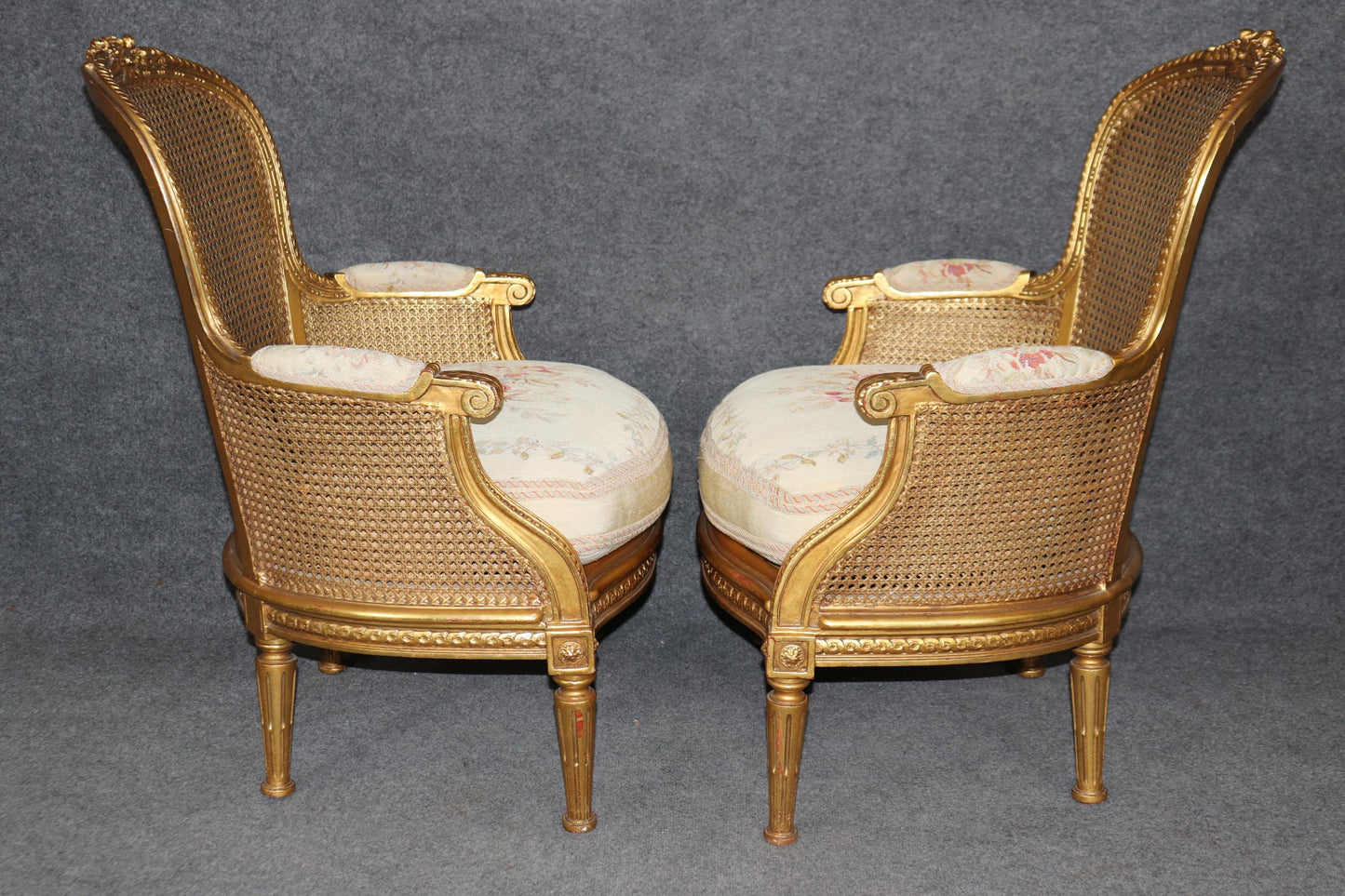 Outstanding Pair Luminous French Giltwood Cane Louis XVI Bergere Chairs