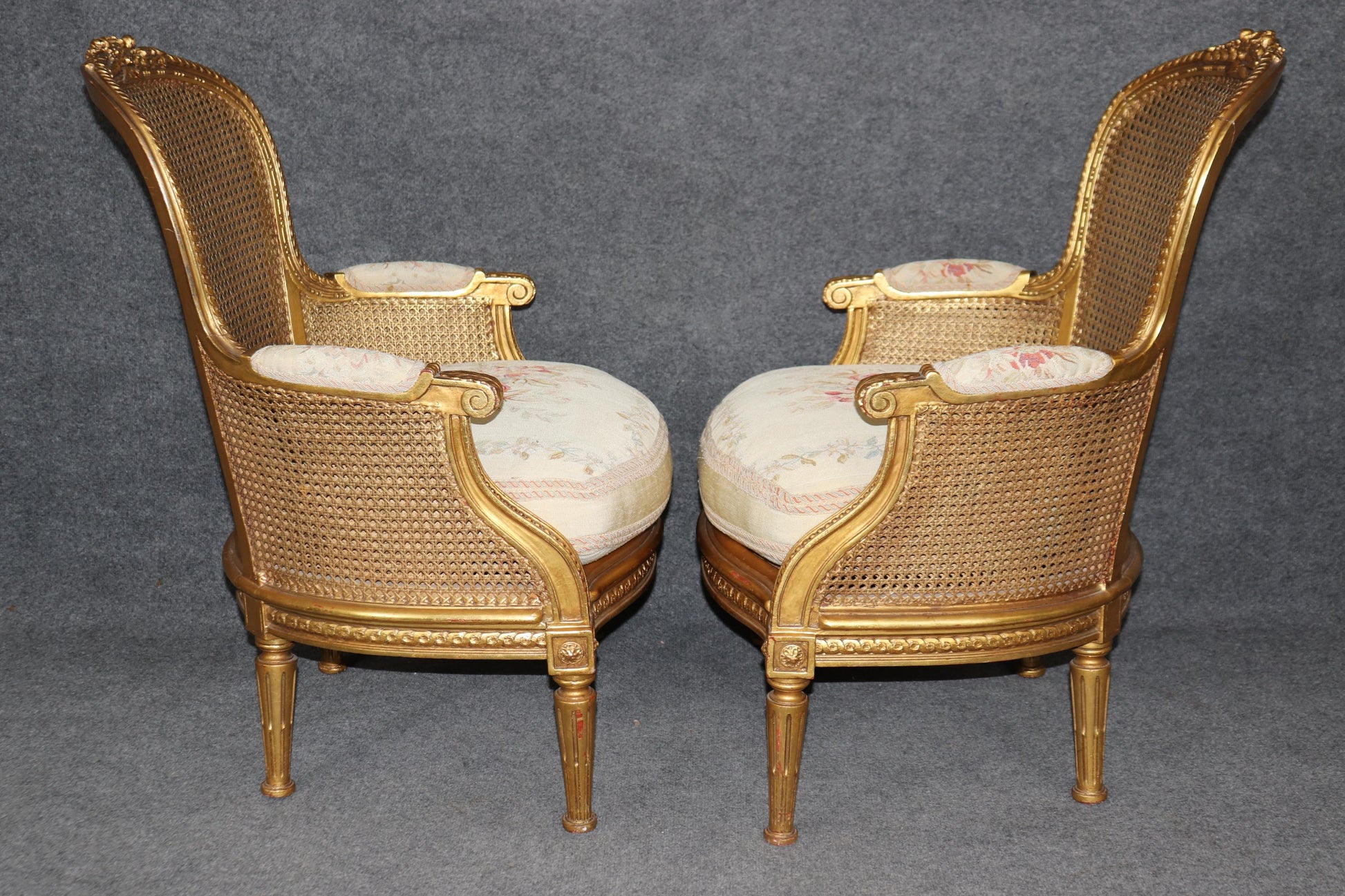 Outstanding Pair Luminous French Giltwood Cane Louis XVI Bergere Chairs