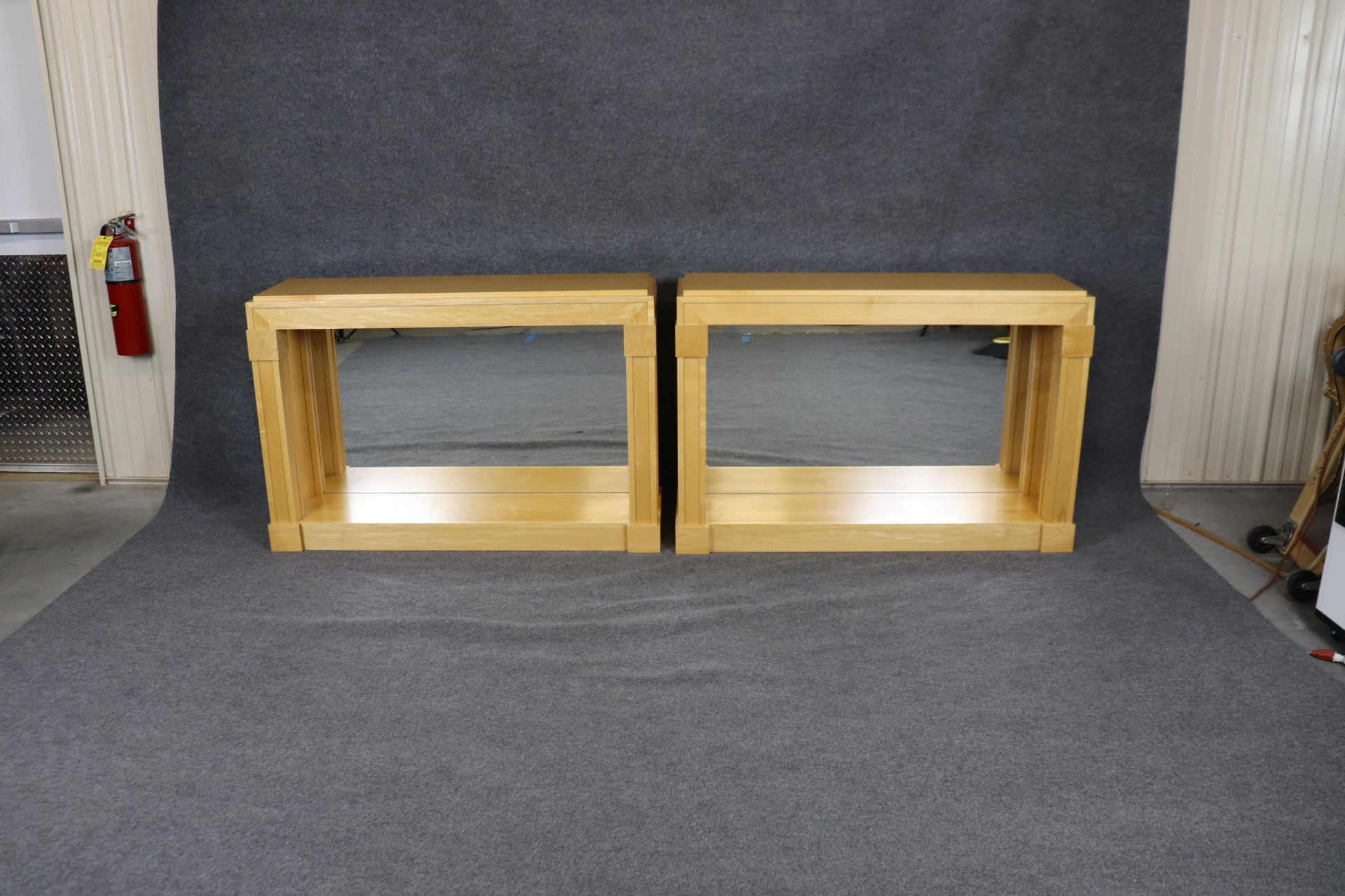 Pair of Hollywood Regency Style Maple Mirrored Console Tables