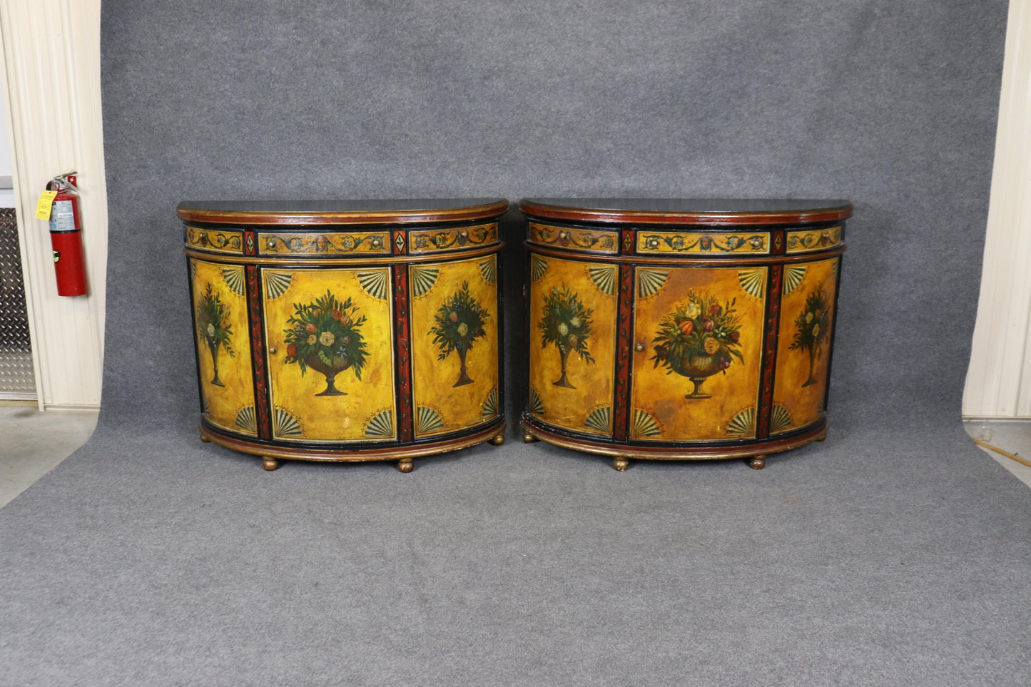 Pair of Paint Decorated Continental Demilune Italian Commodes Consoles