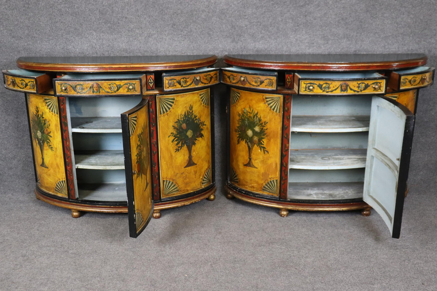 Pair of Paint Decorated Continental Demilune Italian Commodes Consoles