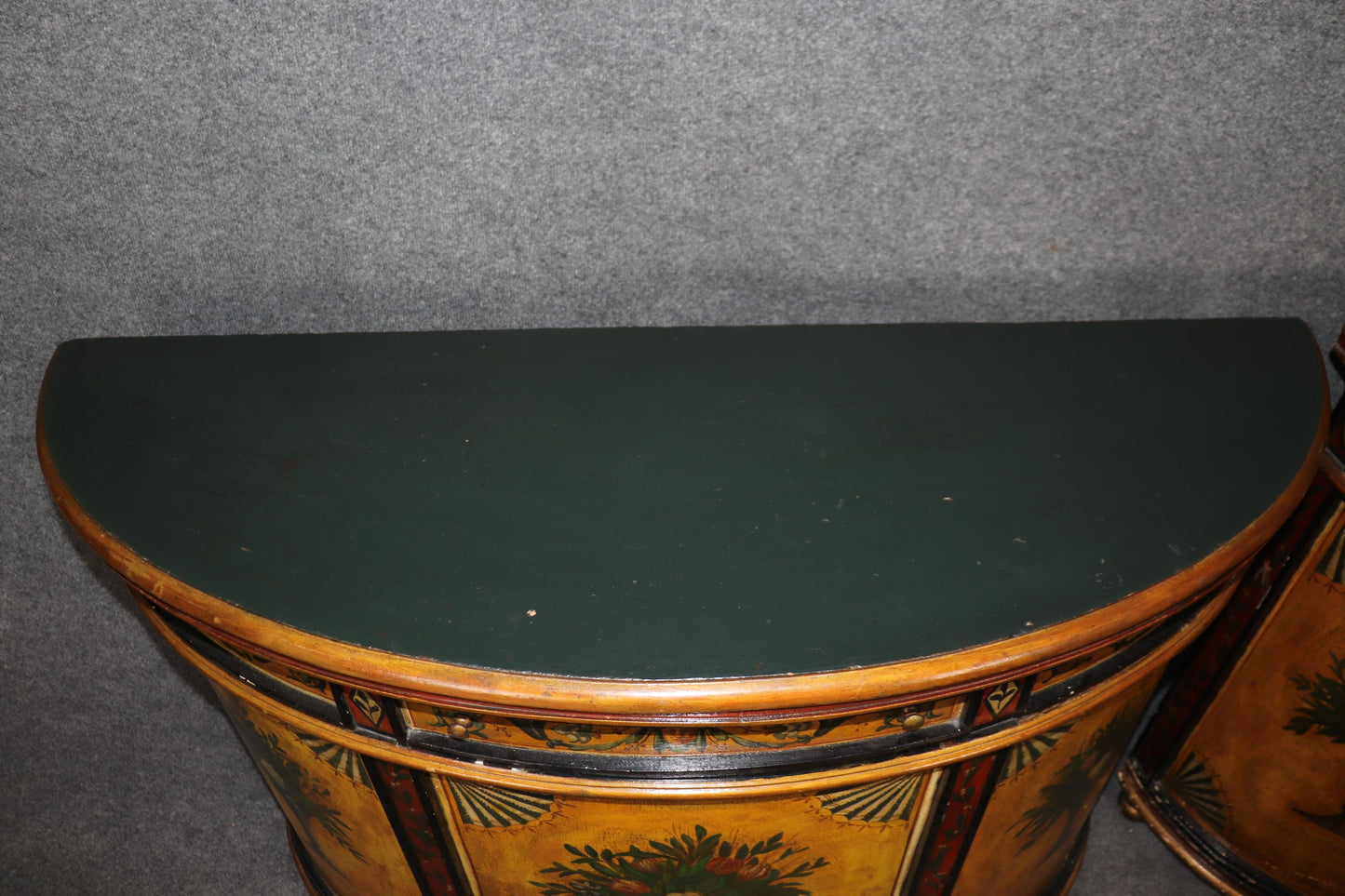 Pair of Paint Decorated Continental Demilune Italian Commodes Consoles