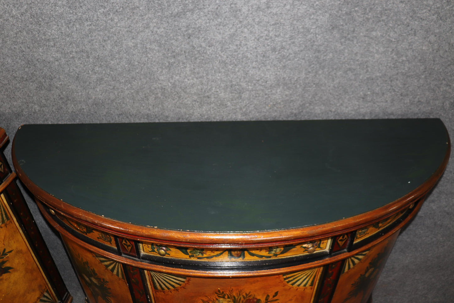 Pair of Paint Decorated Continental Demilune Italian Commodes Consoles