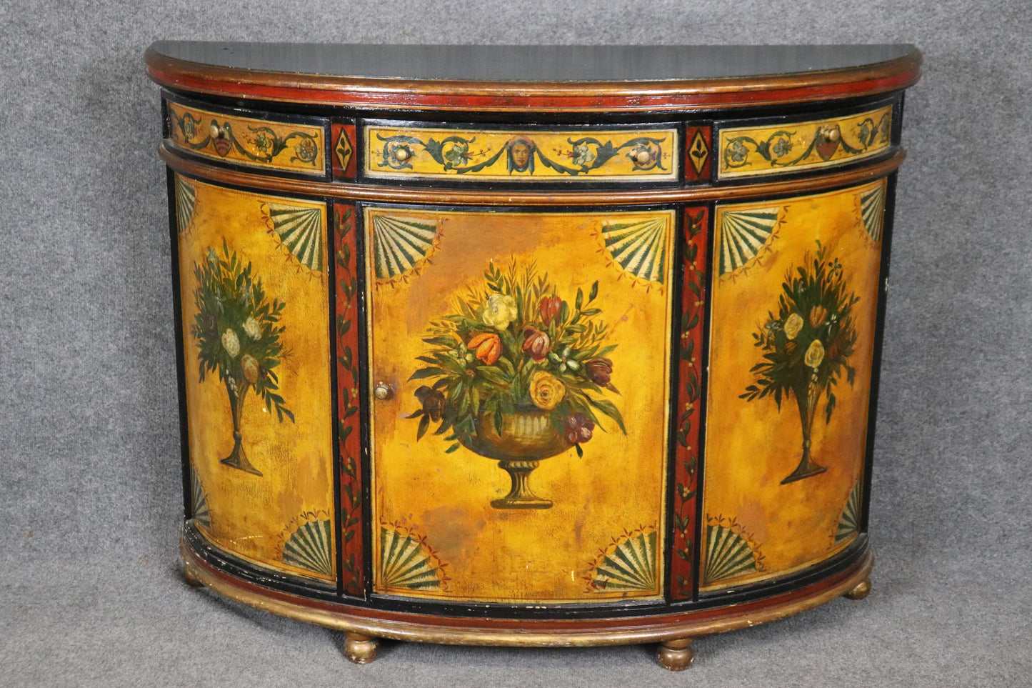 Pair of Paint Decorated Continental Demilune Italian Commodes Consoles