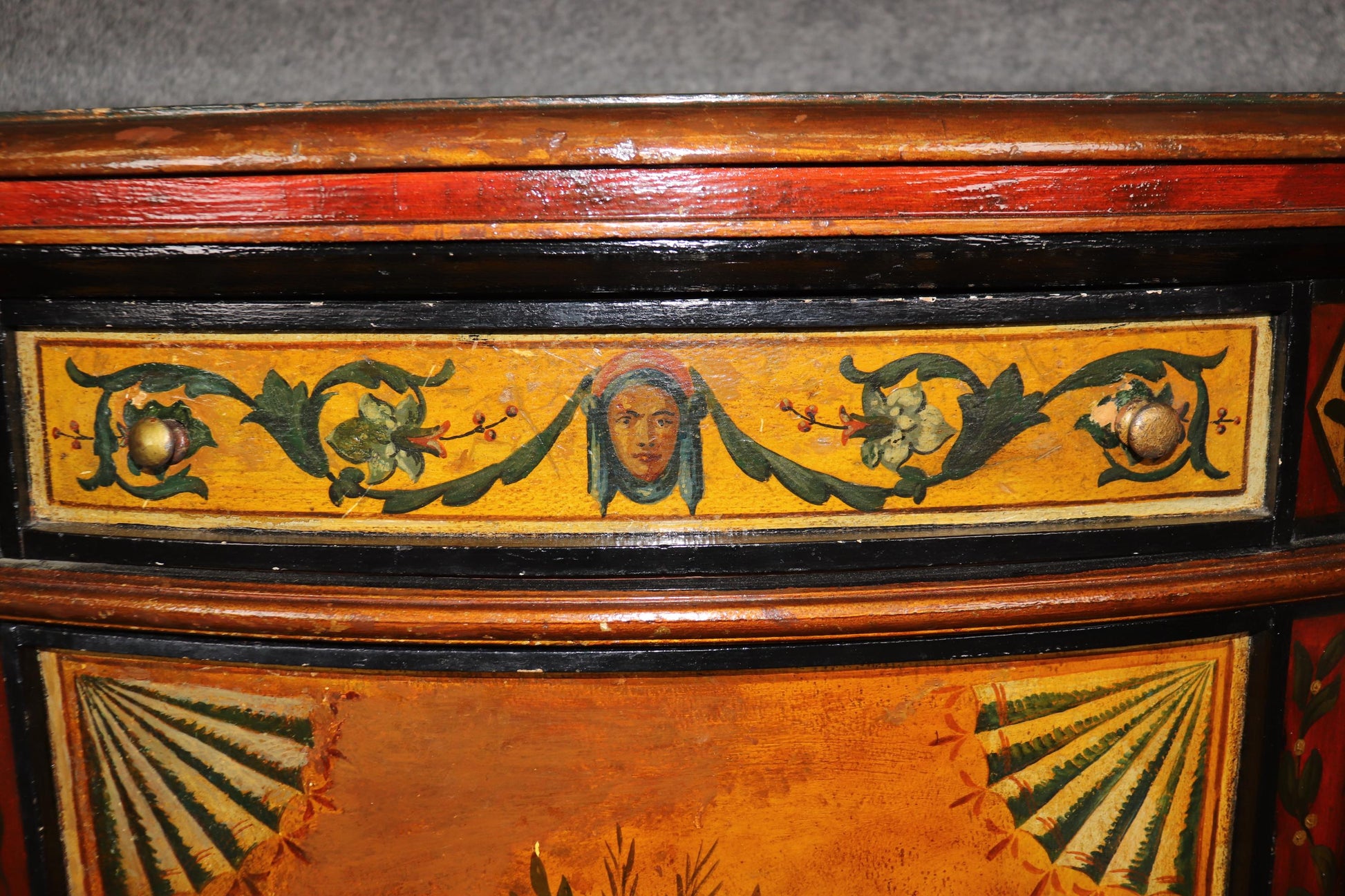 Pair of Paint Decorated Continental Demilune Italian Commodes Consoles