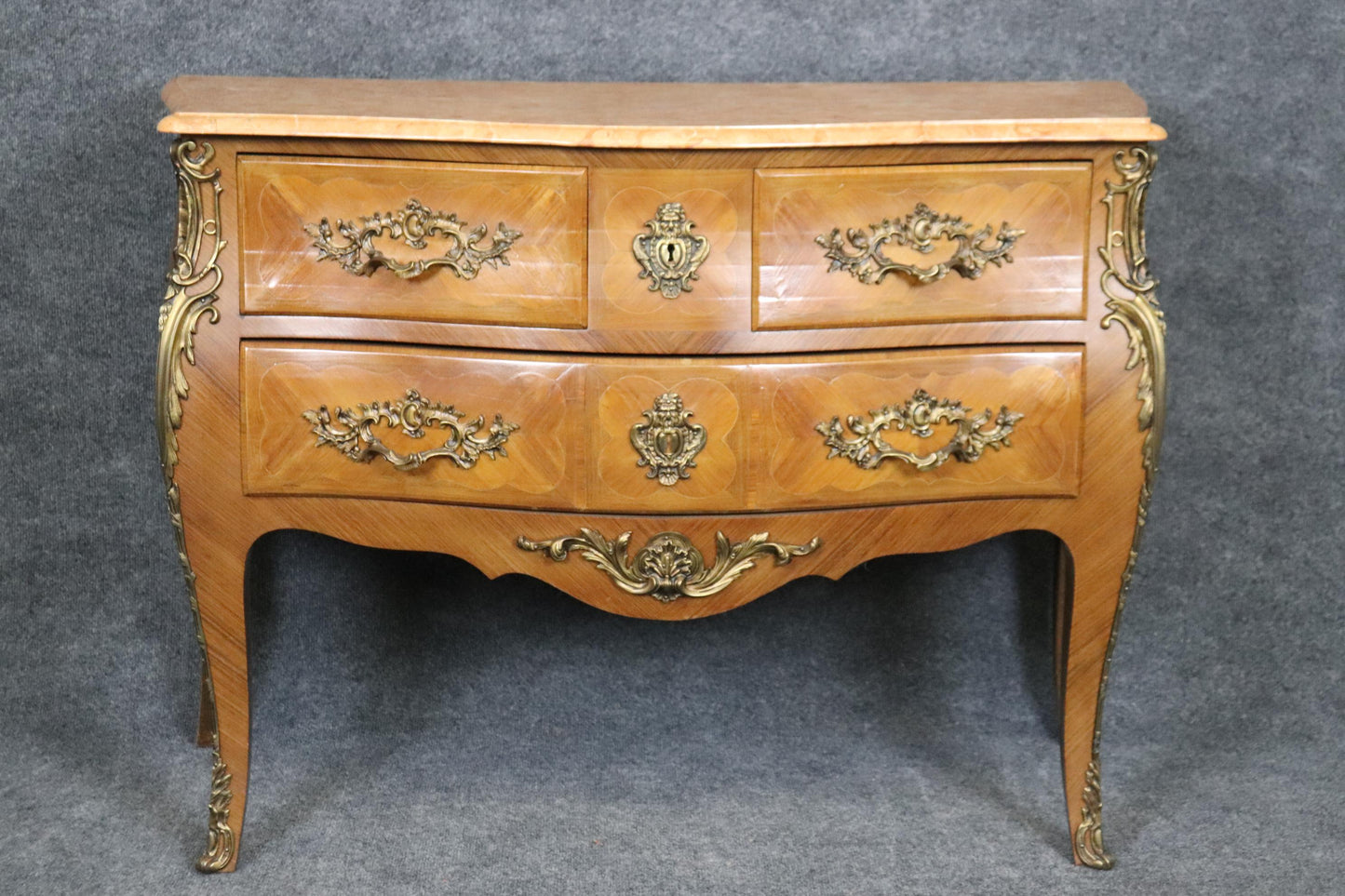 Fine Pale Walnut French Louis XV bronze Mounted Marble Top 3 Drawer Commode