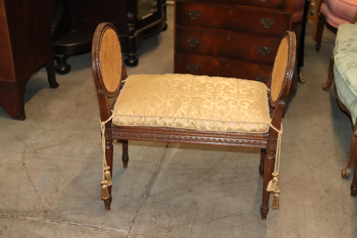 French Louis XVI Style Carved Walnut Petite Window Bench with Silk