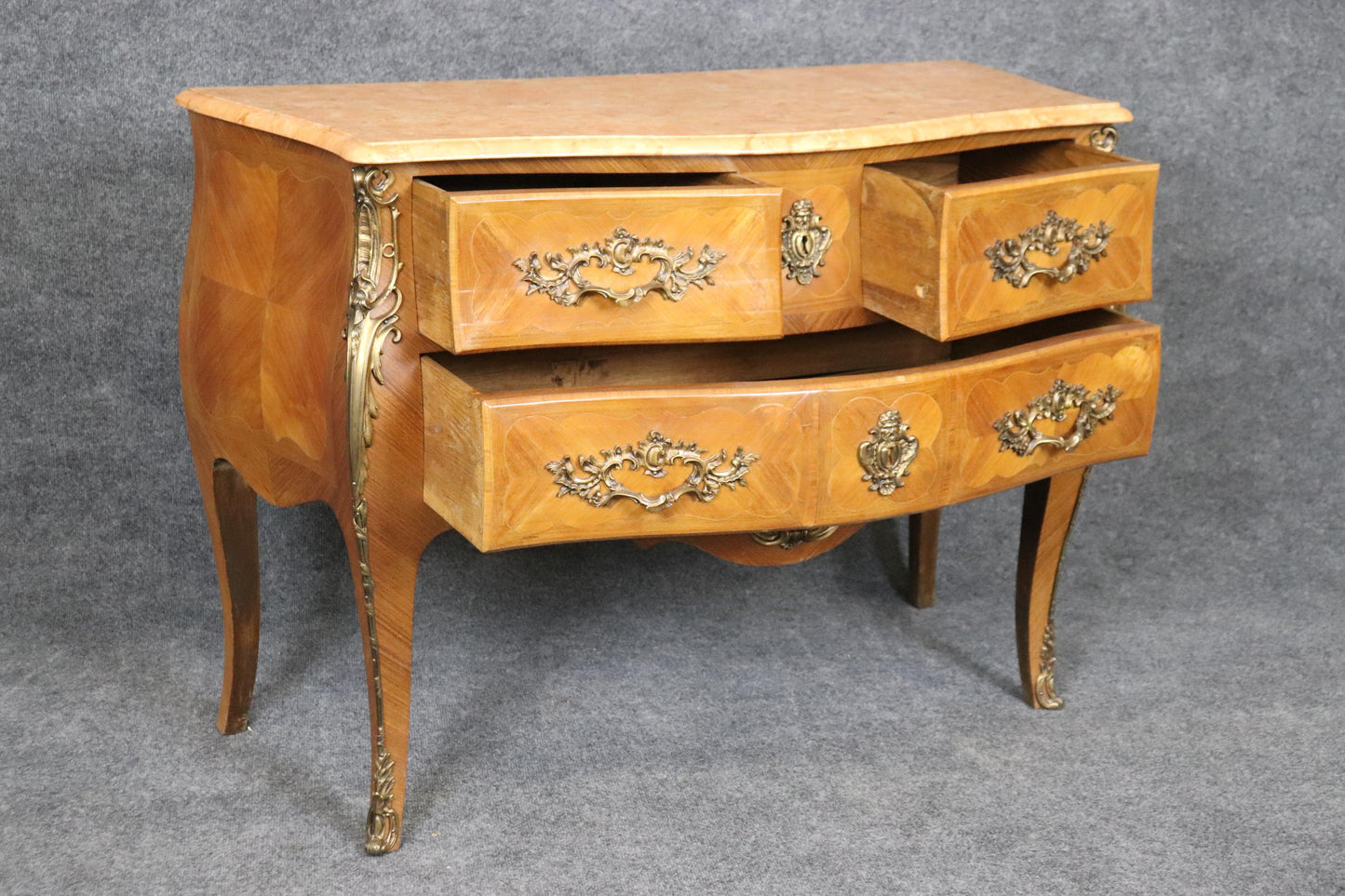 Fine Pale Walnut French Louis XV bronze Mounted Marble Top 3 Drawer Commode