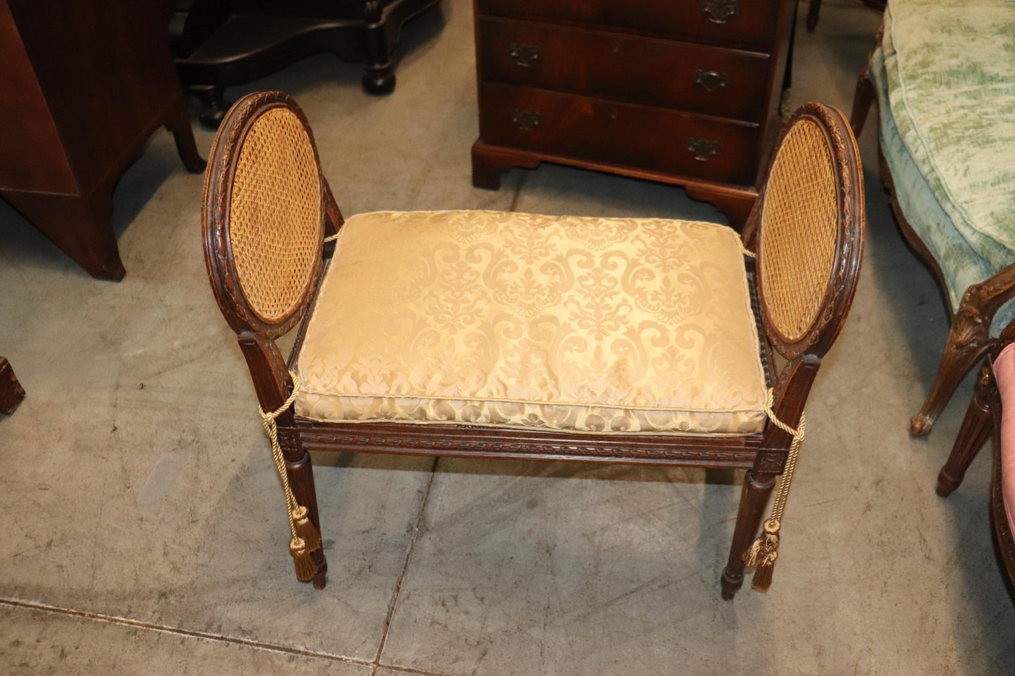 French Louis XVI Style Carved Walnut Petite Window Bench with Silk