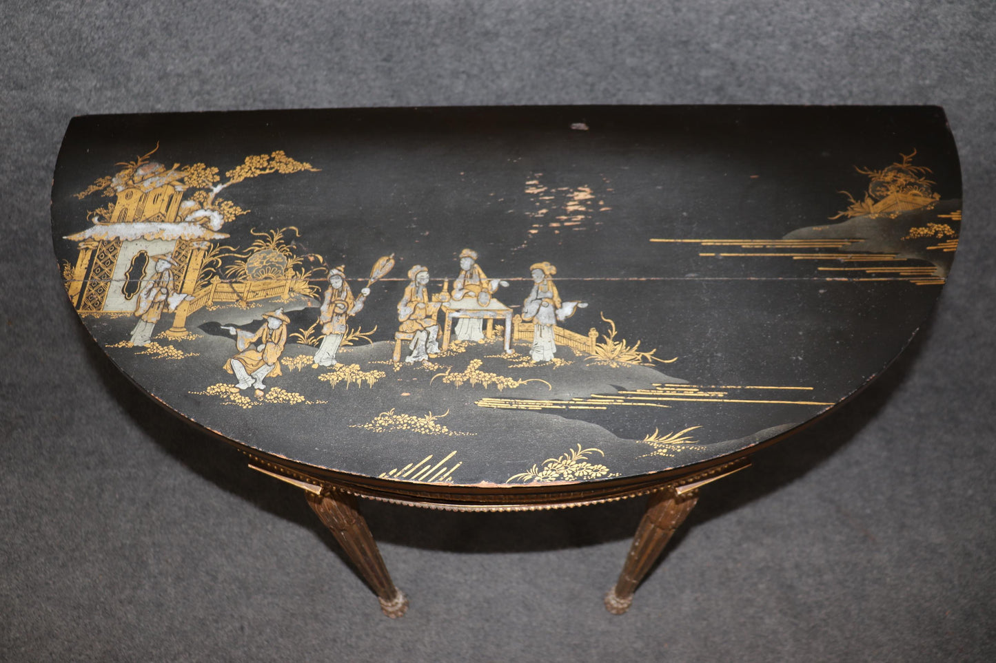 Rare Pair Chinoiserie Paint Decorated Demilune Giltwood Console Tables