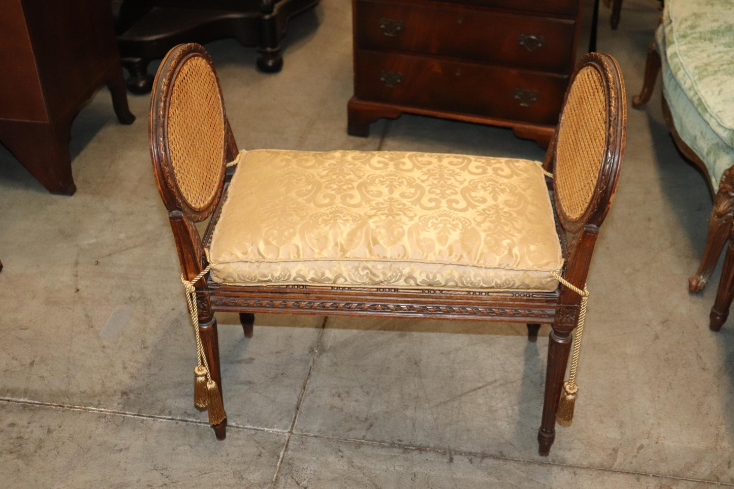 French Louis XVI Style Carved Walnut Petite Window Bench with Silk