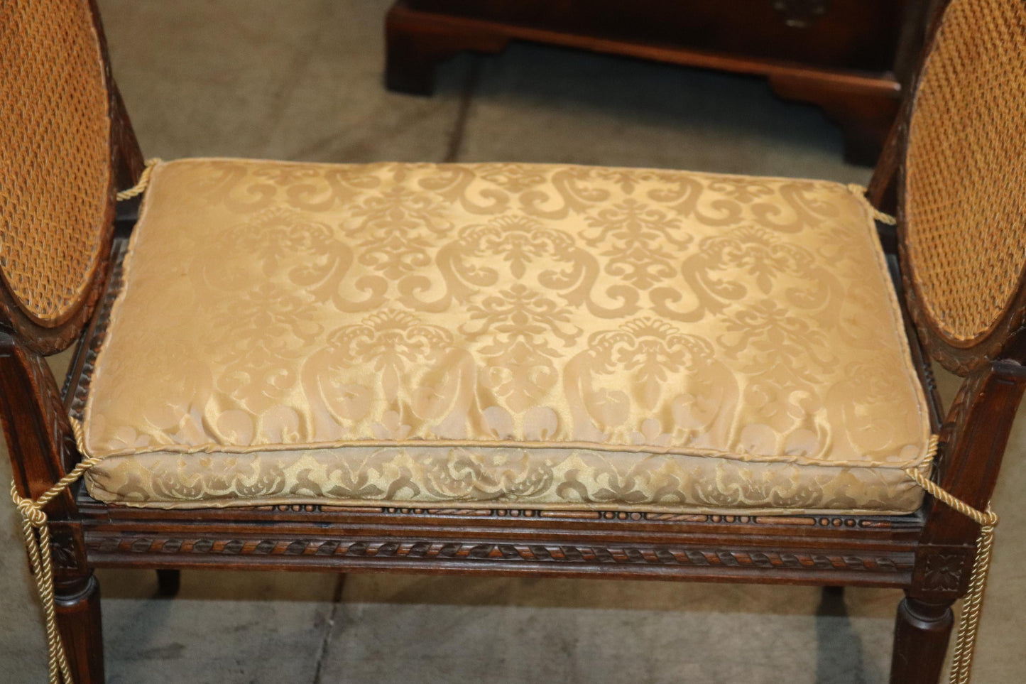 French Louis XVI Style Carved Walnut Petite Window Bench with Silk