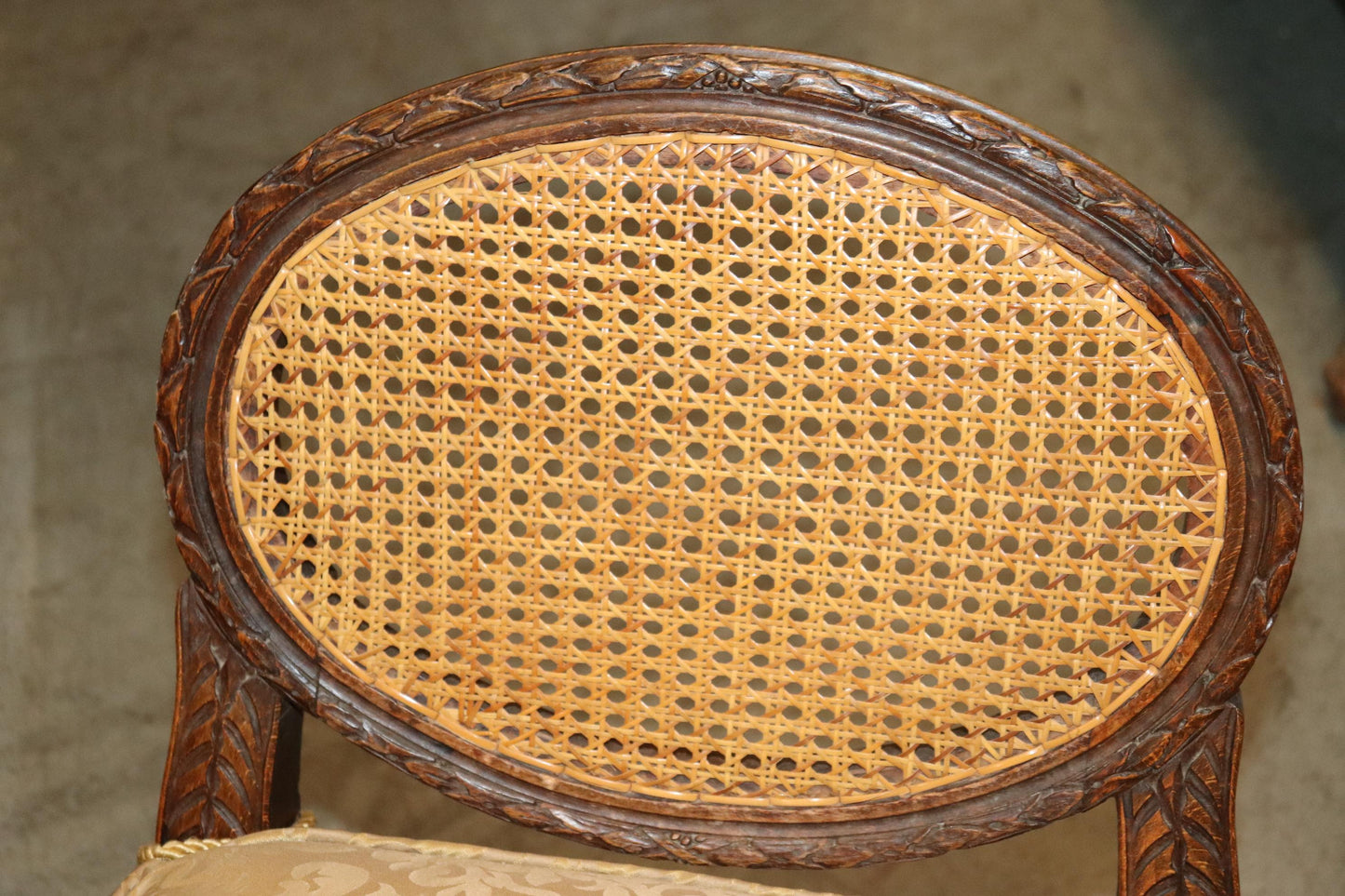 French Louis XVI Style Carved Walnut Petite Window Bench with Silk