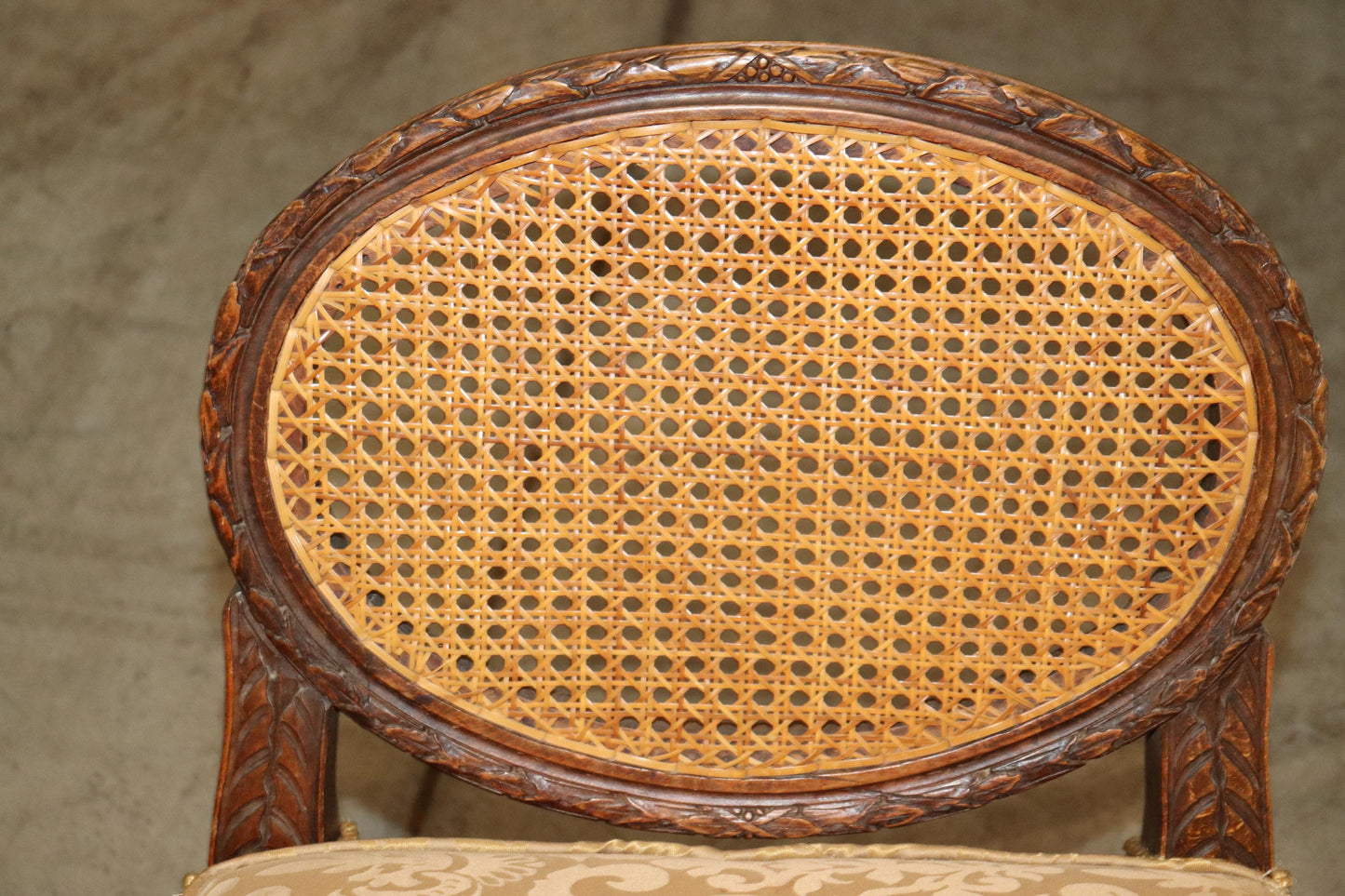 French Louis XVI Style Carved Walnut Petite Window Bench with Silk