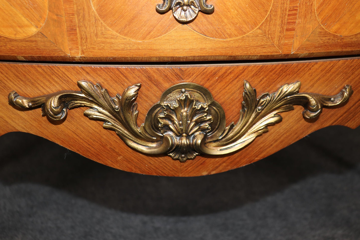 Fine Pale Walnut French Louis XV bronze Mounted Marble Top 3 Drawer Commode