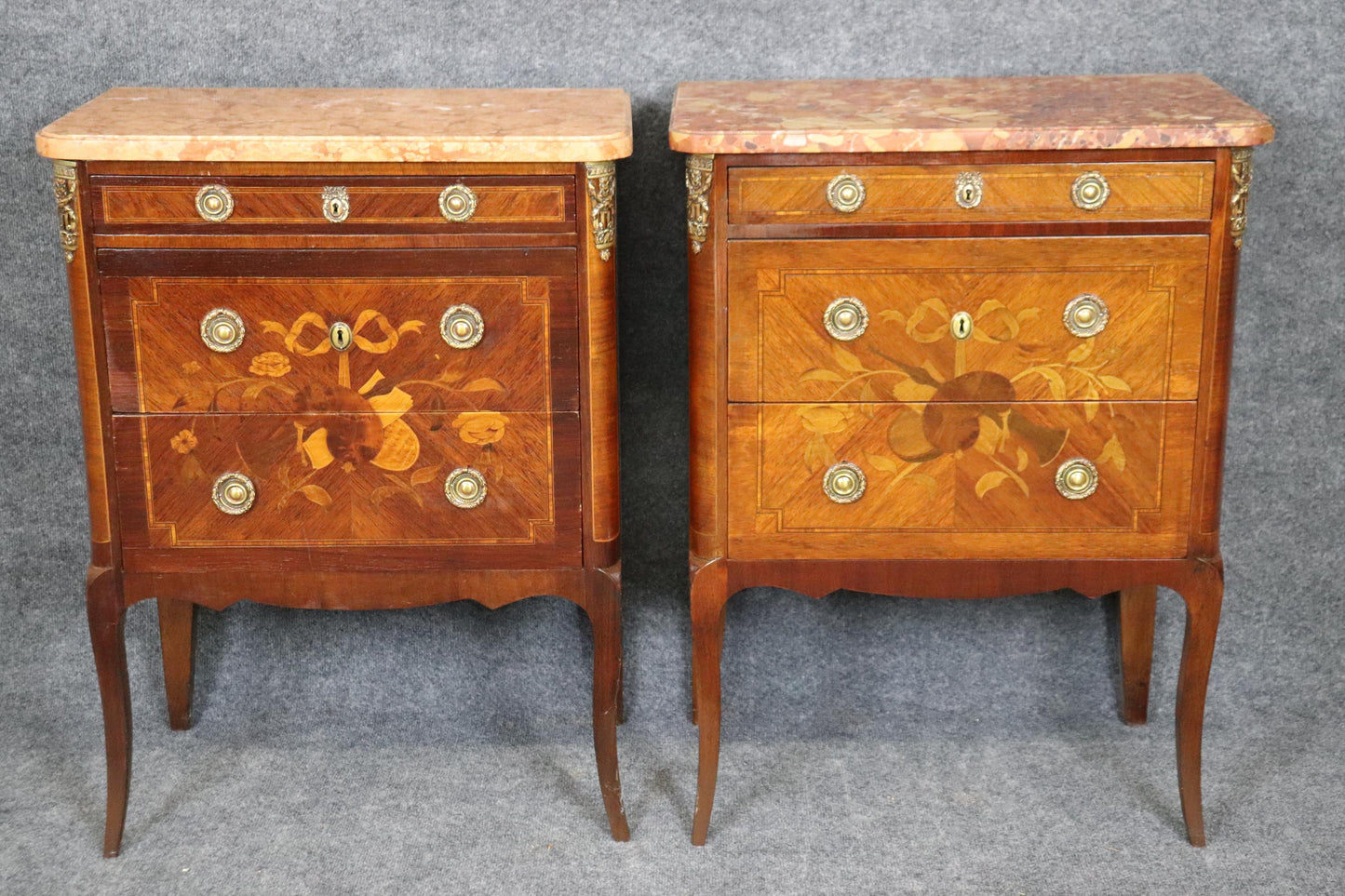 Companion Pair Inlaid French Marble Top Louis XV Nightstands Circa 1920s