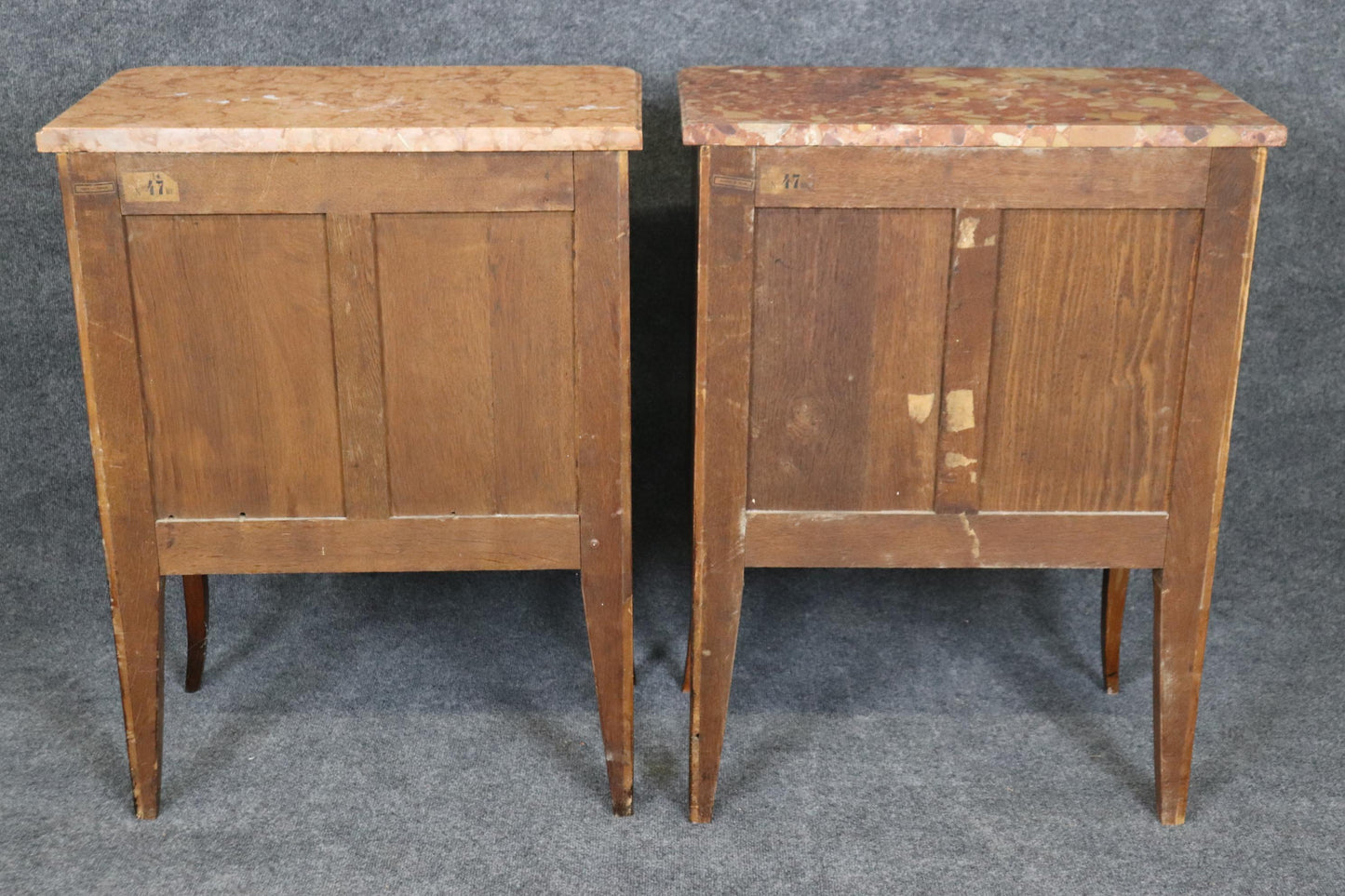 Companion Pair Inlaid French Marble Top Louis XV Nightstands Circa 1920s