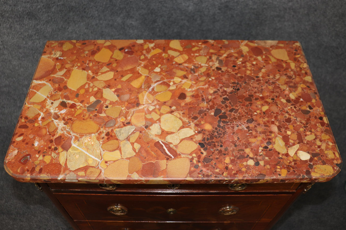 Companion Pair Inlaid French Marble Top Louis XV Nightstands Circa 1920s