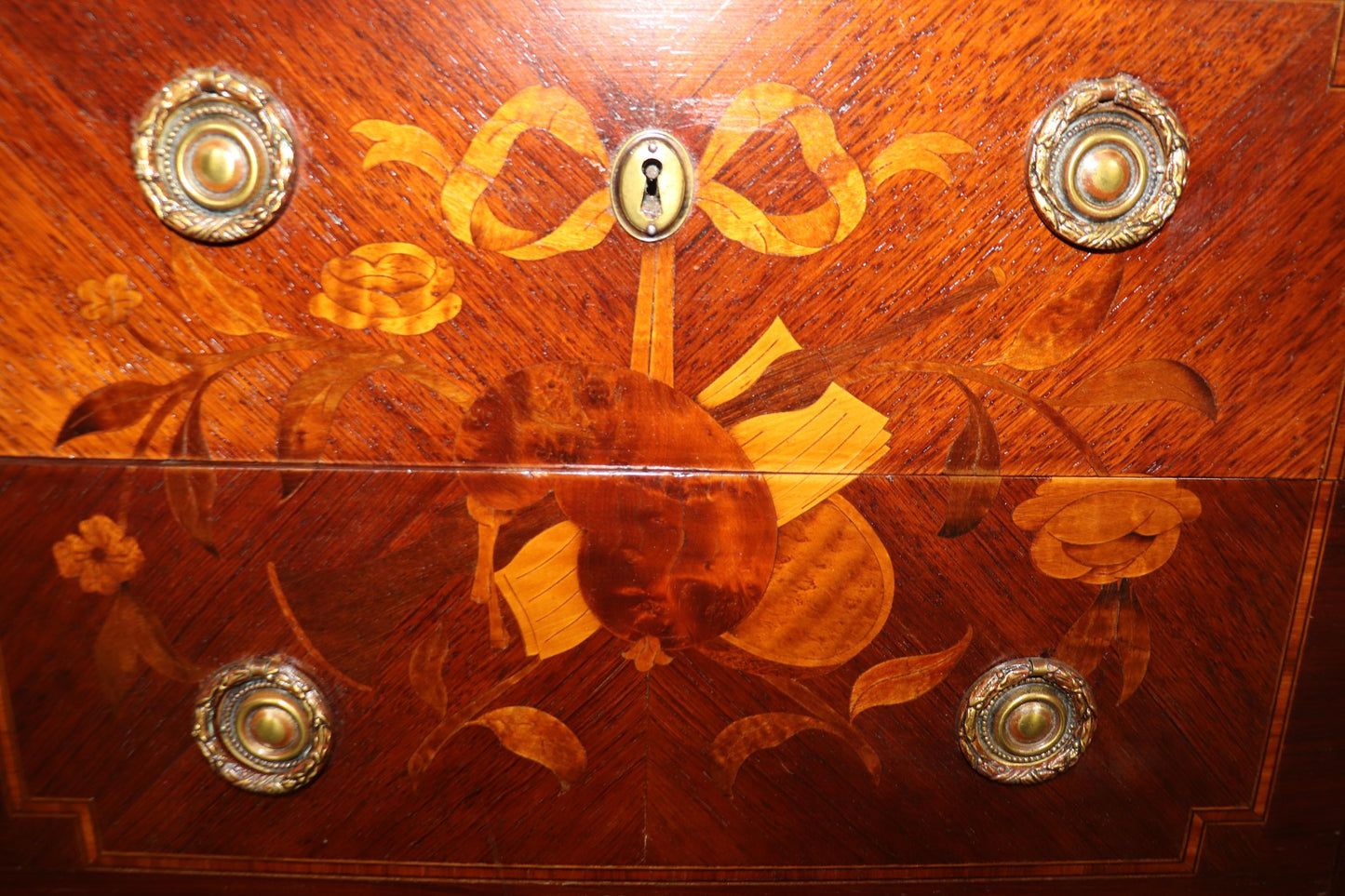 Companion Pair Inlaid French Marble Top Louis XV Nightstands Circa 1920s