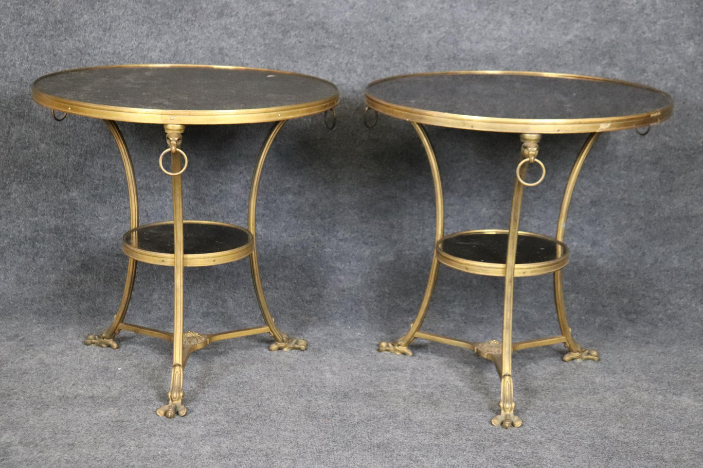 Pair of French Regency Solid Bronze Eagle and Rin Marble Top Gueridons Tables