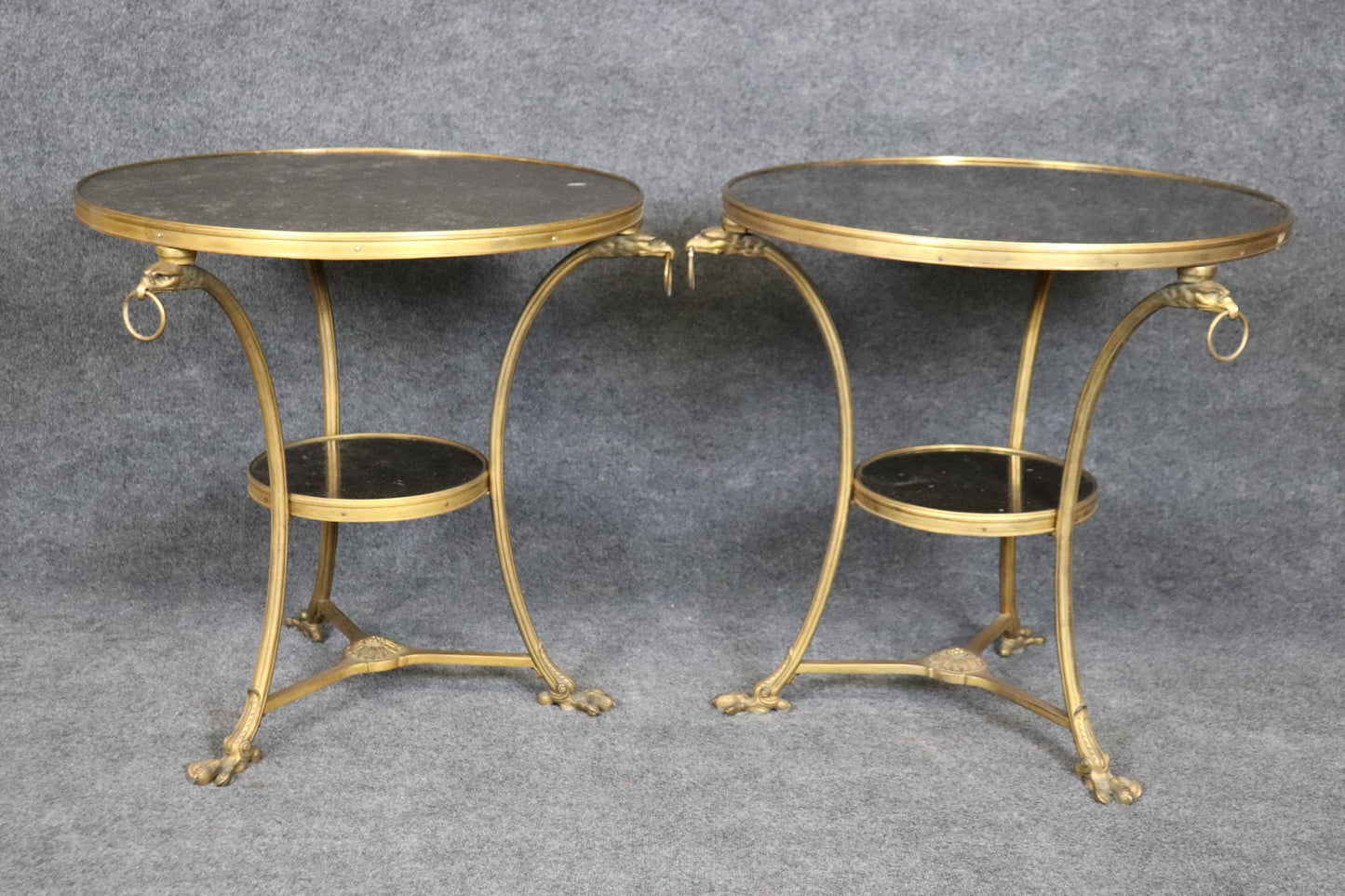 Pair of French Regency Solid Bronze Eagle and Rin Marble Top Gueridons Tables