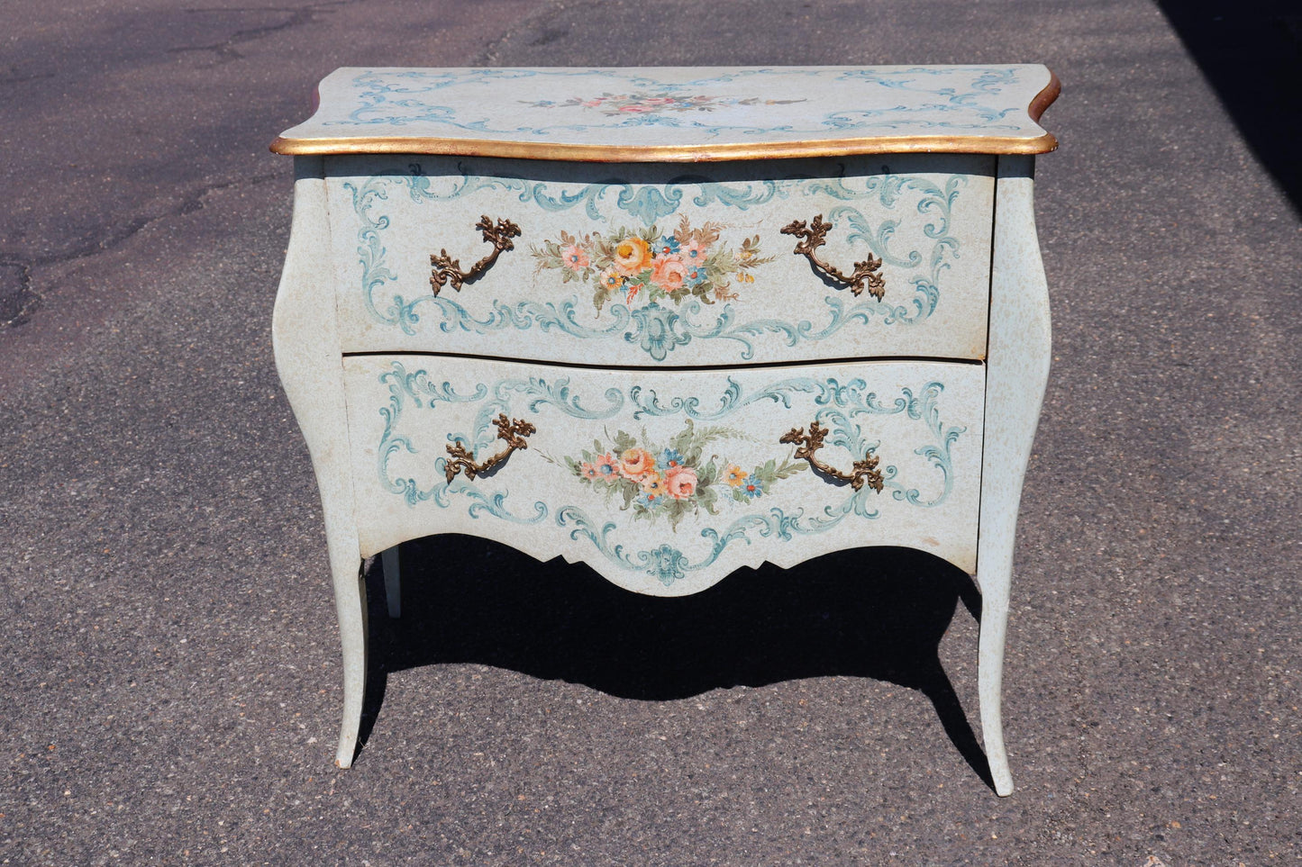 Robin's Egg Blue Venetian Paint Decorated Distressed Italian Commode Circa 1950