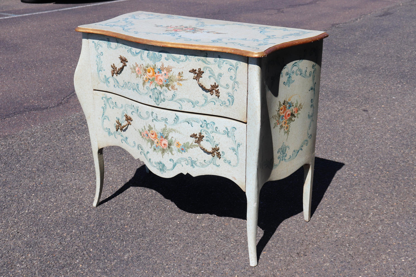 Robin's Egg Blue Venetian Paint Decorated Distressed Italian Commode Circa 1950