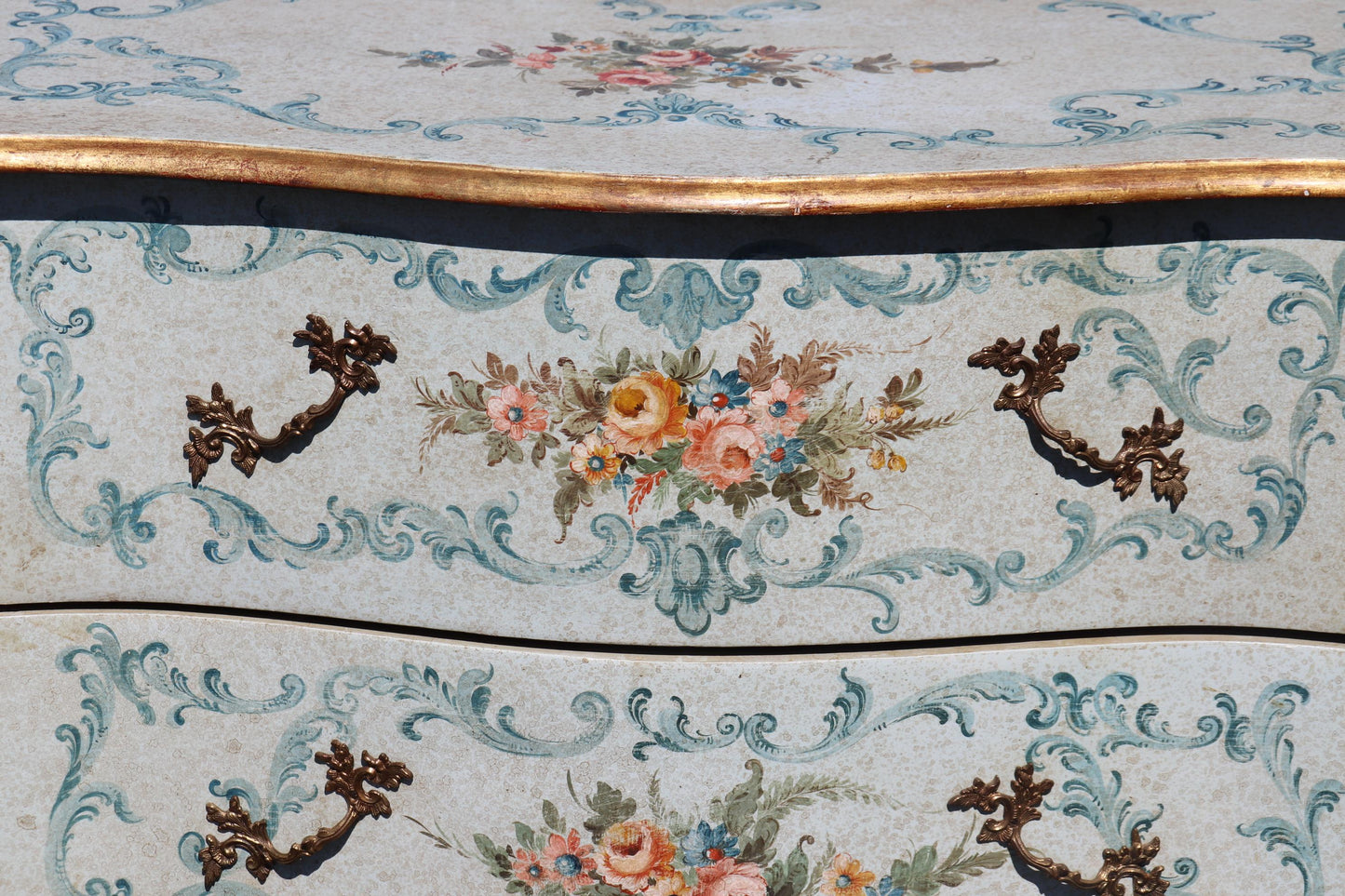 Robin's Egg Blue Venetian Paint Decorated Distressed Italian Commode Circa 1950