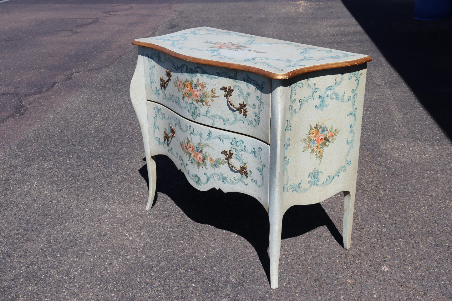 Robin's Egg Blue Venetian Paint Decorated Distressed Italian Commode Circa 1950