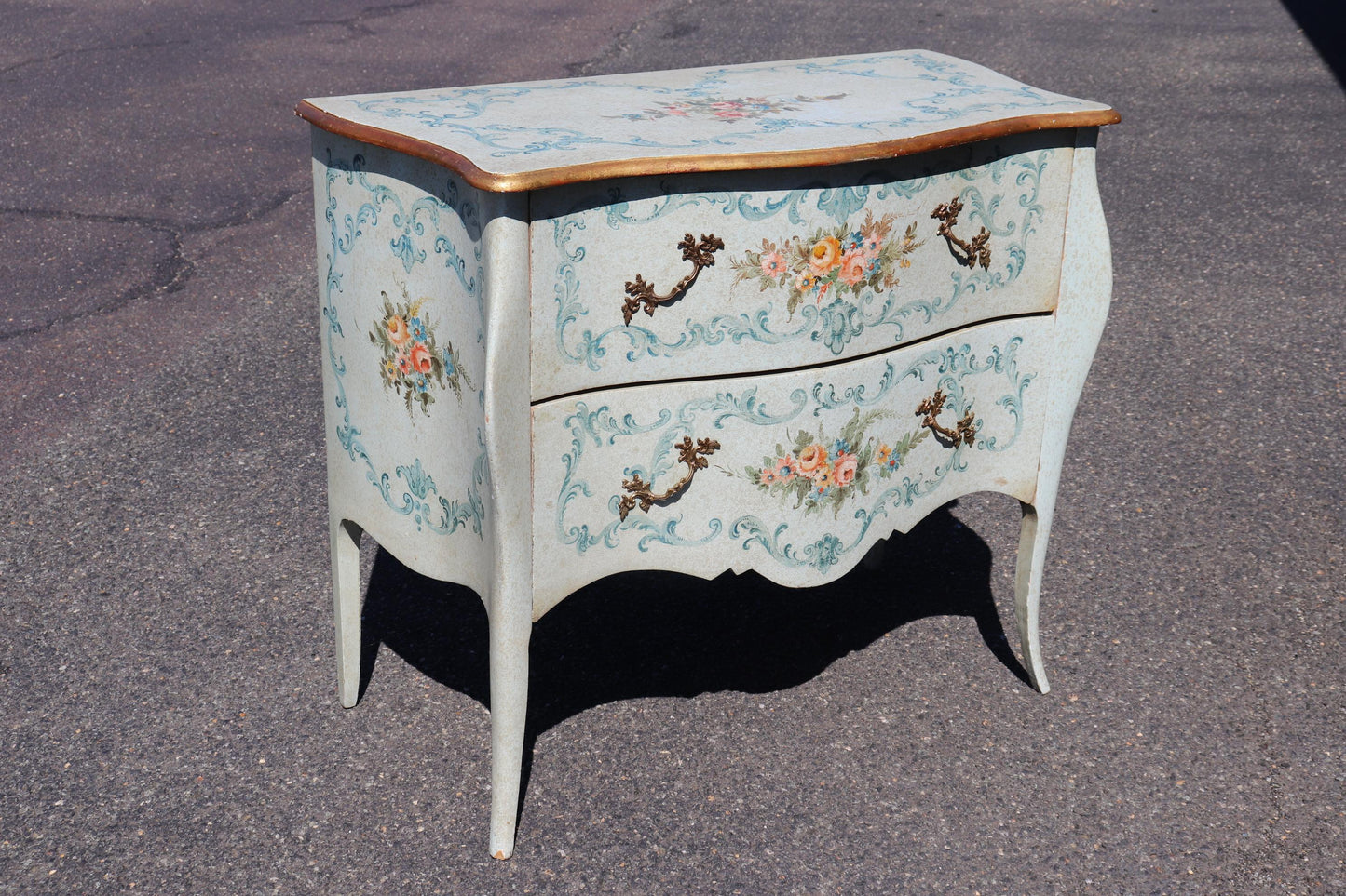 Robin's Egg Blue Venetian Paint Decorated Distressed Italian Commode Circa 1950