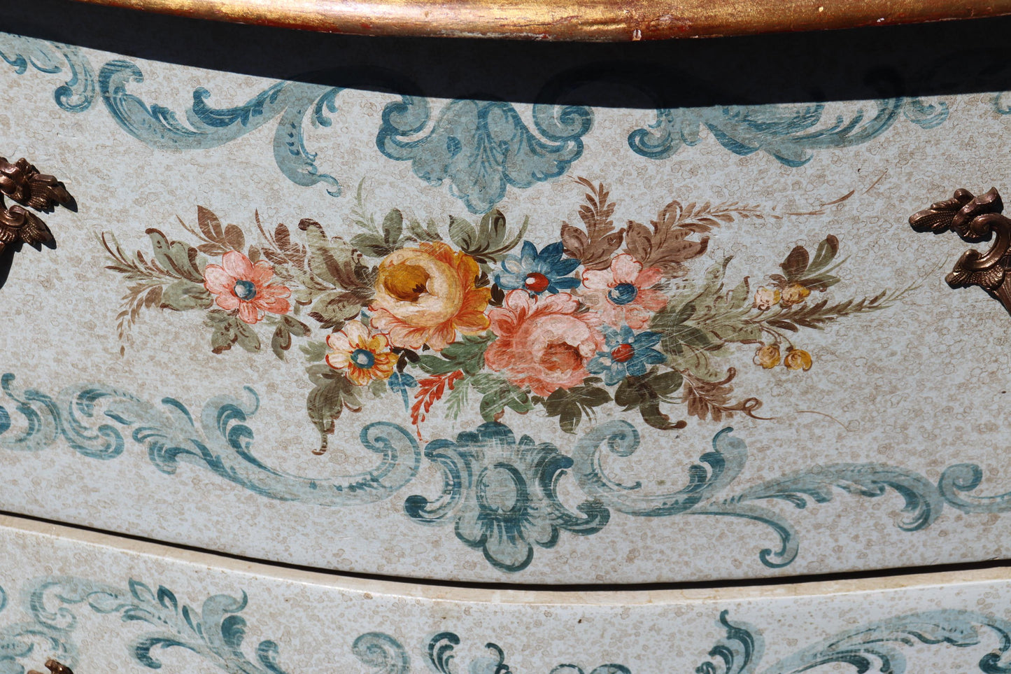 Robin's Egg Blue Venetian Paint Decorated Distressed Italian Commode Circa 1950